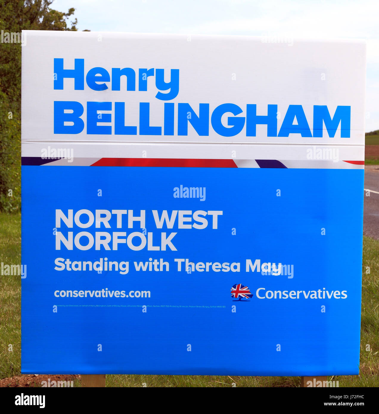 Allgemeine Wahl UK, Juni 2017, Sir Henry Bellingham, konservativen Kandidaten, North West Norfolk Wahlkreis, am Straßenrand Poster, Plakate, Kandidaten Stockfoto