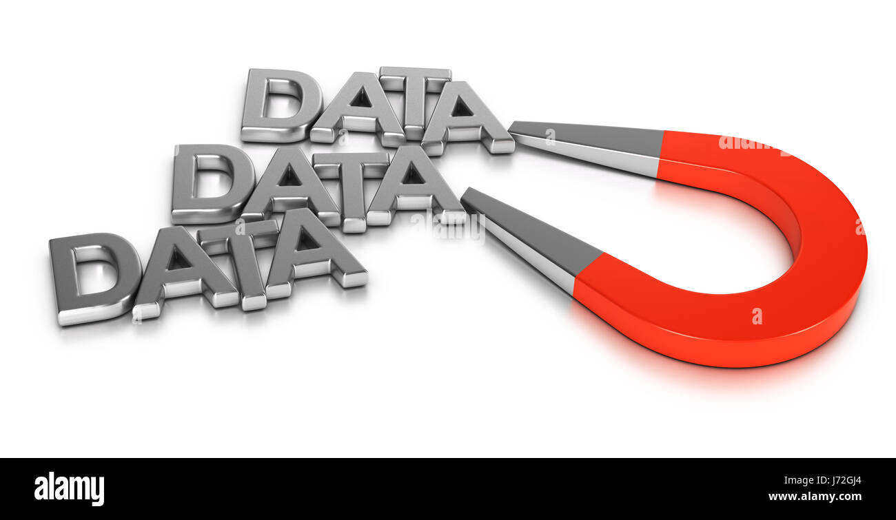 3D Abbildung eines roten Hufeisen-Magneten zieht Datenwort auf weißem Hintergrund. Stockfoto