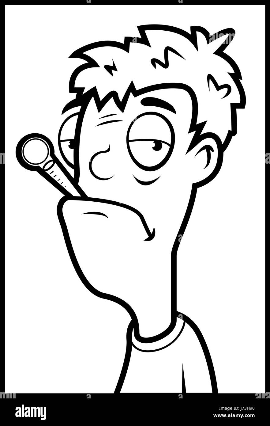 Ein kranker Cartoon Mann mit einem Thermometer im Mund. Stock Vektor