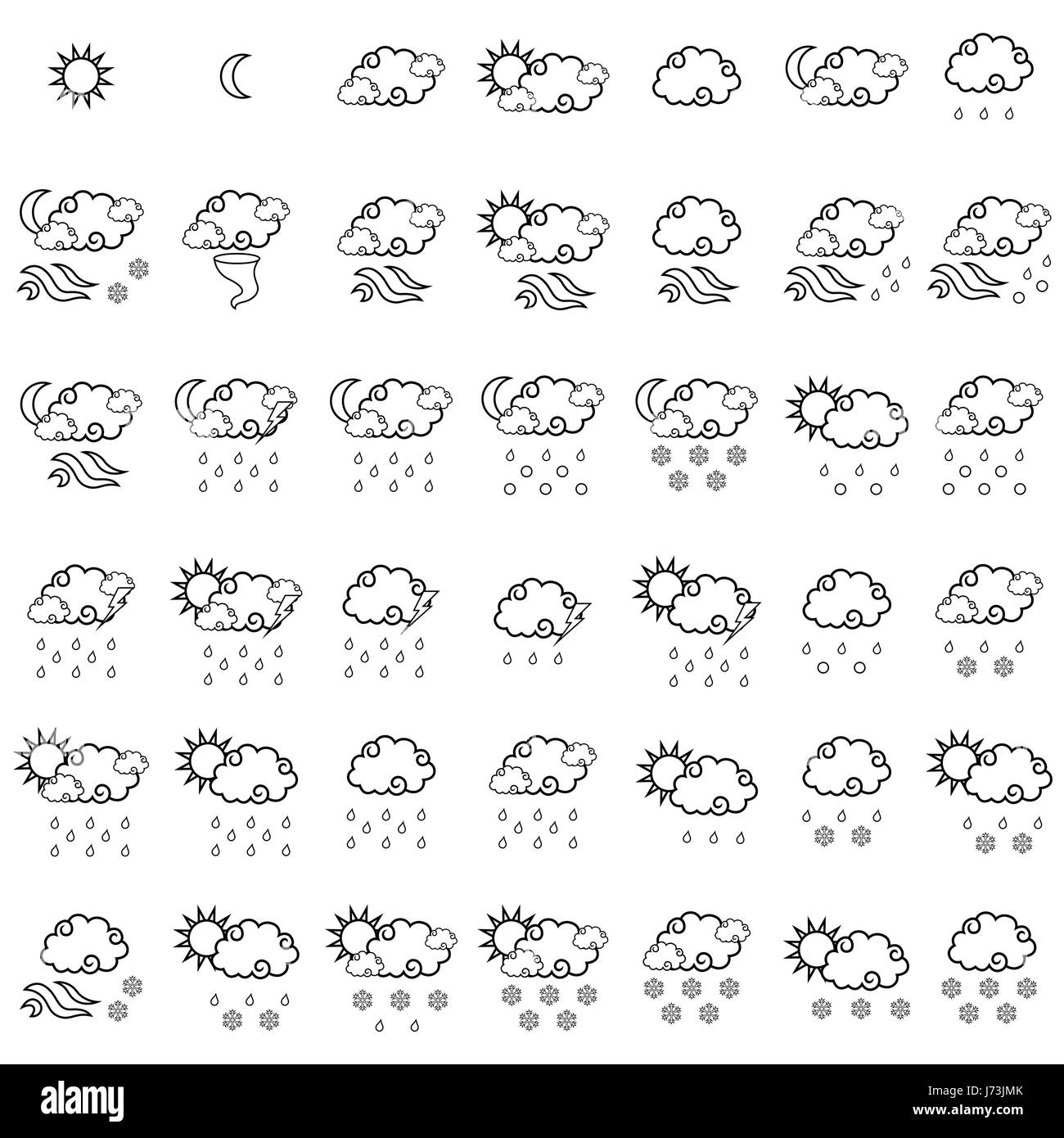 Satz von zweiundvierzig Wettervorhersage einfache Symbole auf weißem Hintergrund, schwarze Umriss Vektor Sammlung isoliert Stock Vektor