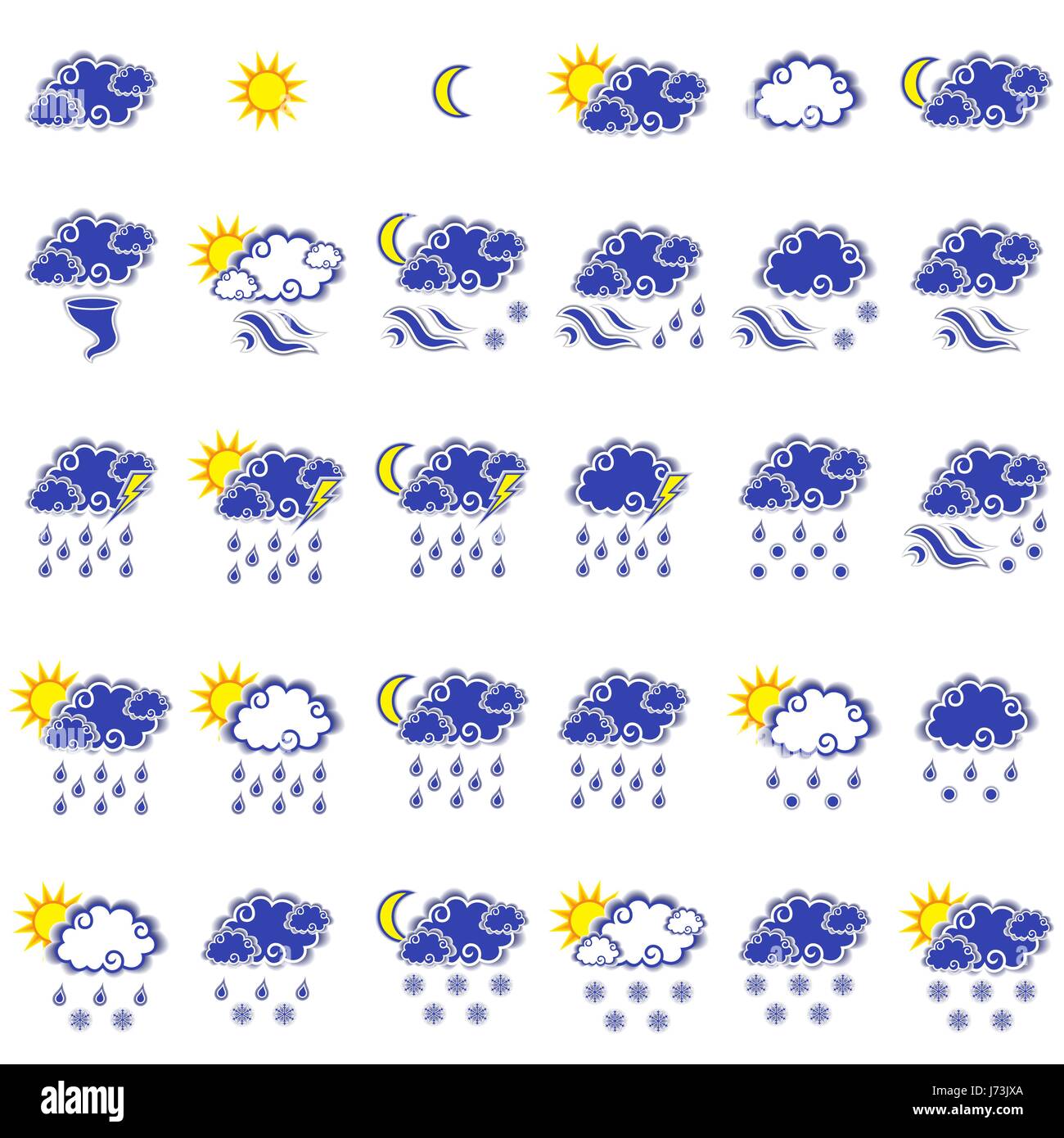 Satz von dreißig prognostizierten Wetter-Vektor-Icons auf dem weißen Hintergrund isoliert Stock Vektor