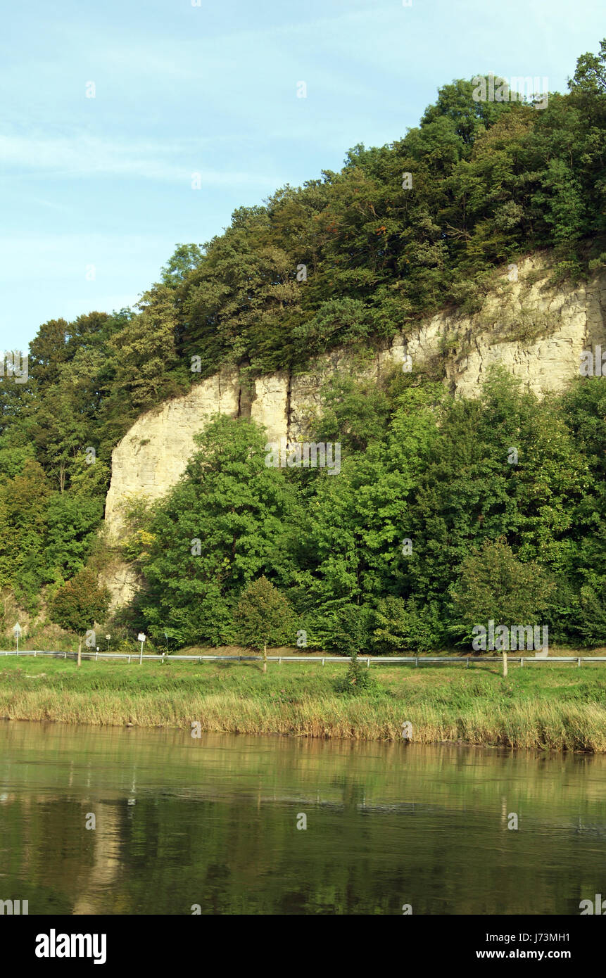 Felsen aus Sandstein Weser Bank Fluss Wasser Ufer Baum Bäume Stein Felsen spiegeln Stockfoto