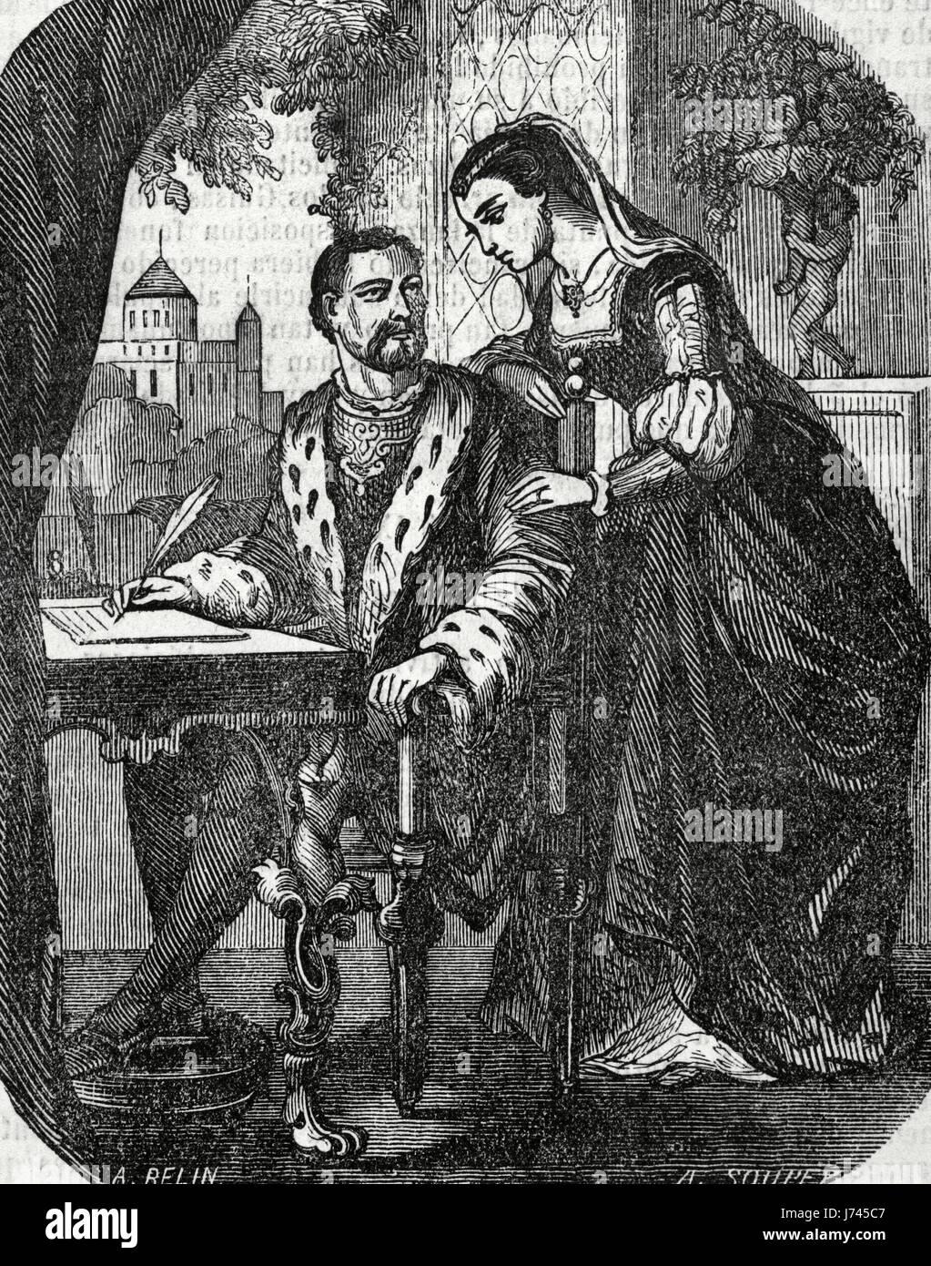 Heinrich II. von Frankreich (1519-1559) mit seiner geliebten Diana von Poitiers (1500-1566), Herzogin von Valentinois und Etampes. Kupferstich von A. Soupey, 1851. Stockfoto
