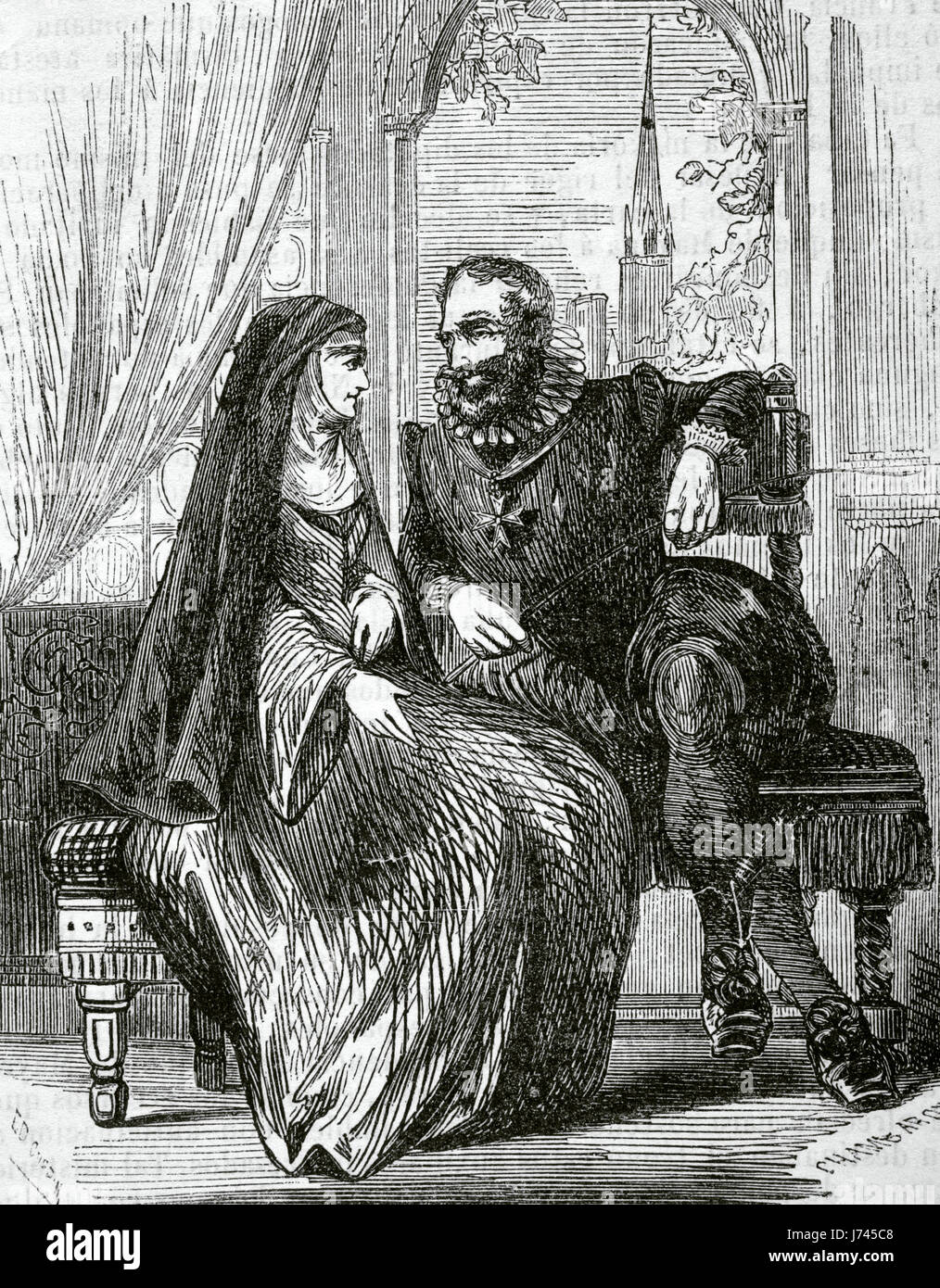 Die französischen Äbtissin Marie-Catherine de Beauvilliers (1574-1667) mit dem König Henry IV von Frankreich (1553 – 1610) in die Abtei von Montmartre (Paris). Als eine junge wurde sie eines der vielen Mätressen des Königs Henry IV von Frankreich, wenn er in der Abtei erhoben, während der Belagerung nach Paris im Jahre 1590. Kupferstich von Cham & Aroy, 1851. Stockfoto