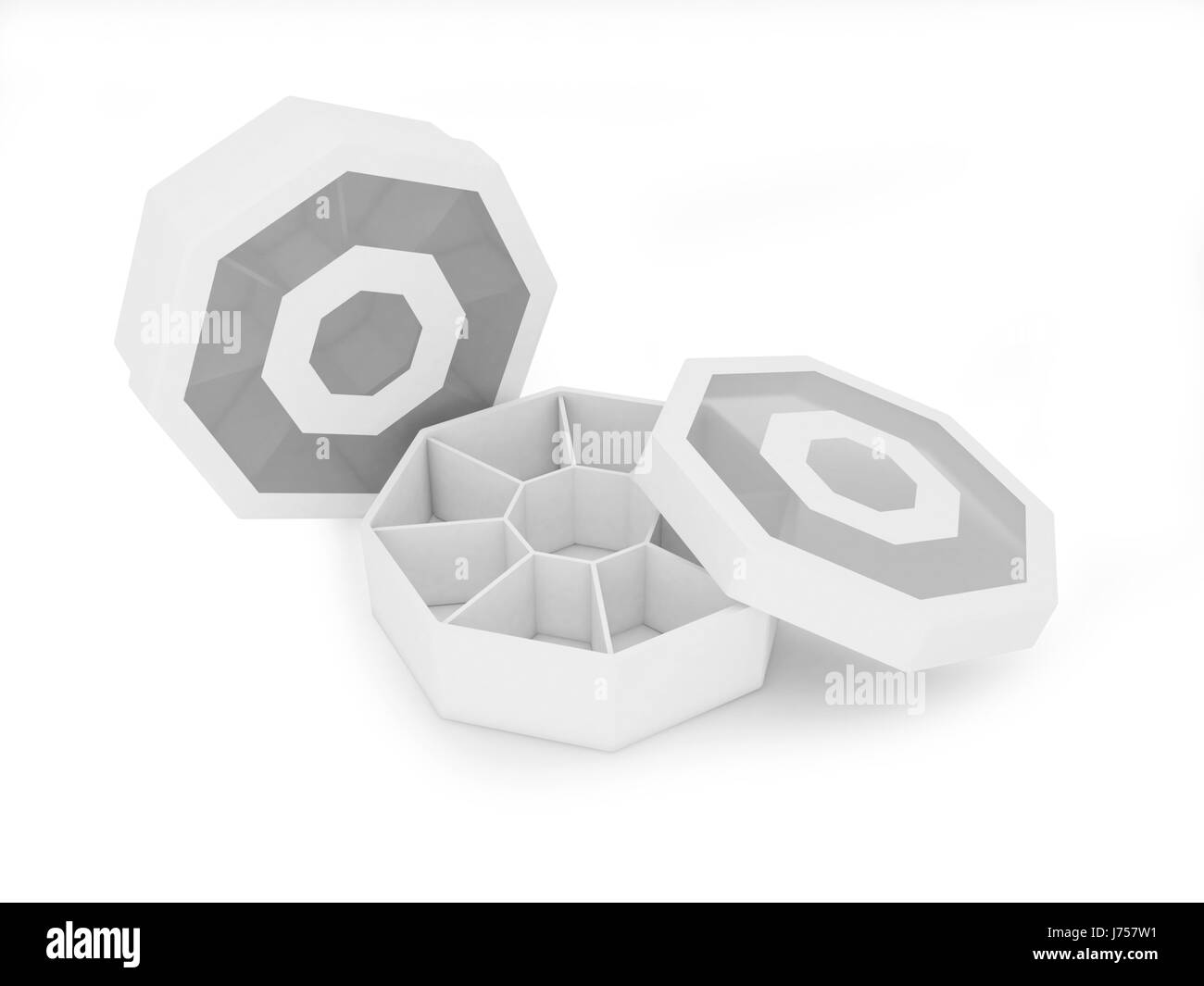 Neues Design der leere Achteck Form Verpackungen aus weißem Papier und transparenten Kunststoff für Multi Zweck isoliert auf weißem Hintergrund mit clipping Stockfoto