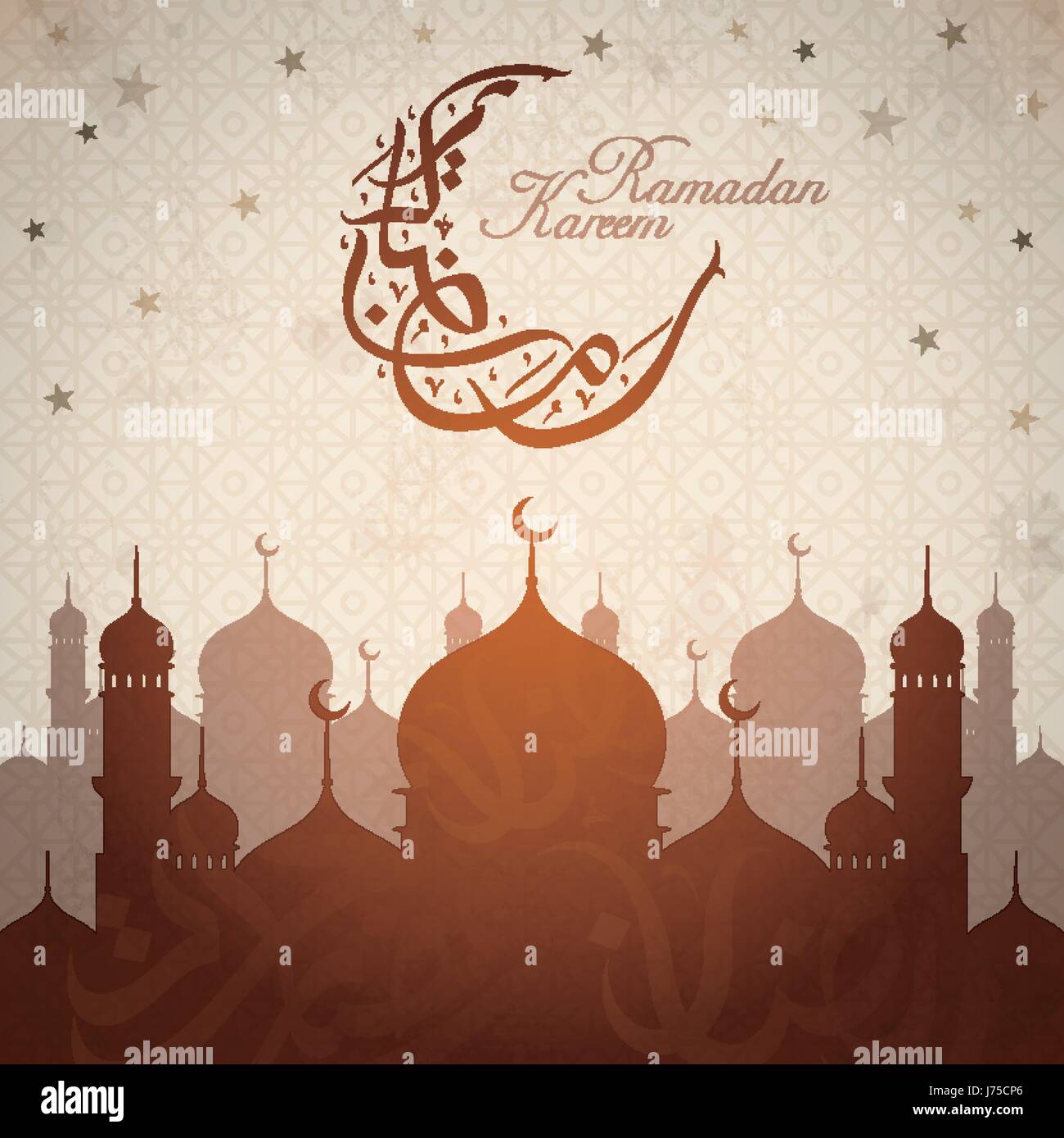 Arabische Kalligraphie-Design für Ramadan Kareem mit braunen Moschee Silhouetten Stock Vektor