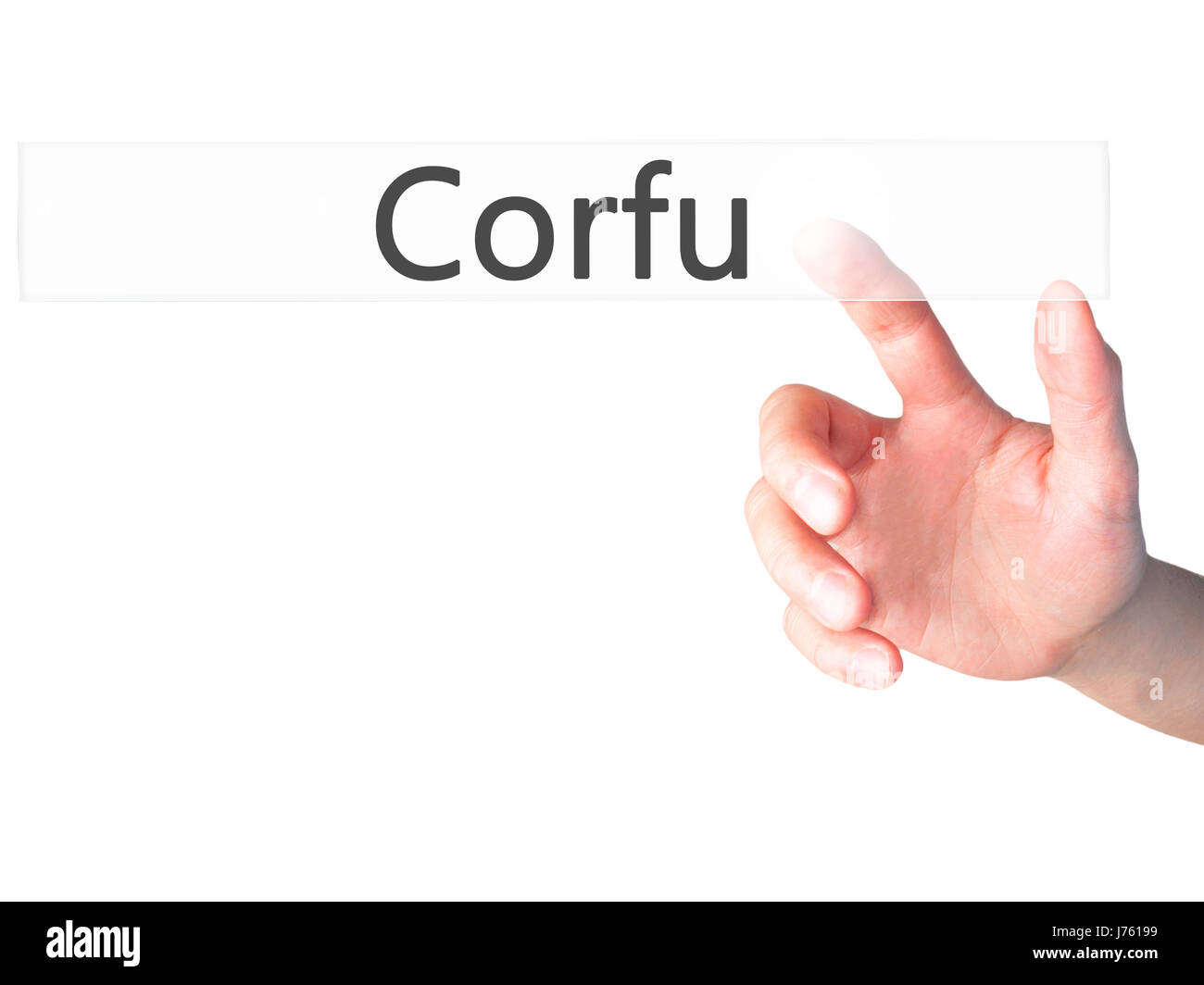 Korfu - Hand drücken einer Taste auf unscharfen Hintergrund Konzept. Wirtschaft, Technologie, Internet-Konzept. Stock Foto Stockfoto