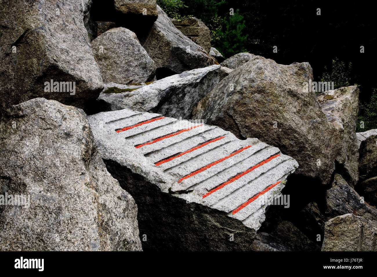 Landart Vogelbeeren und Granit Stockfoto