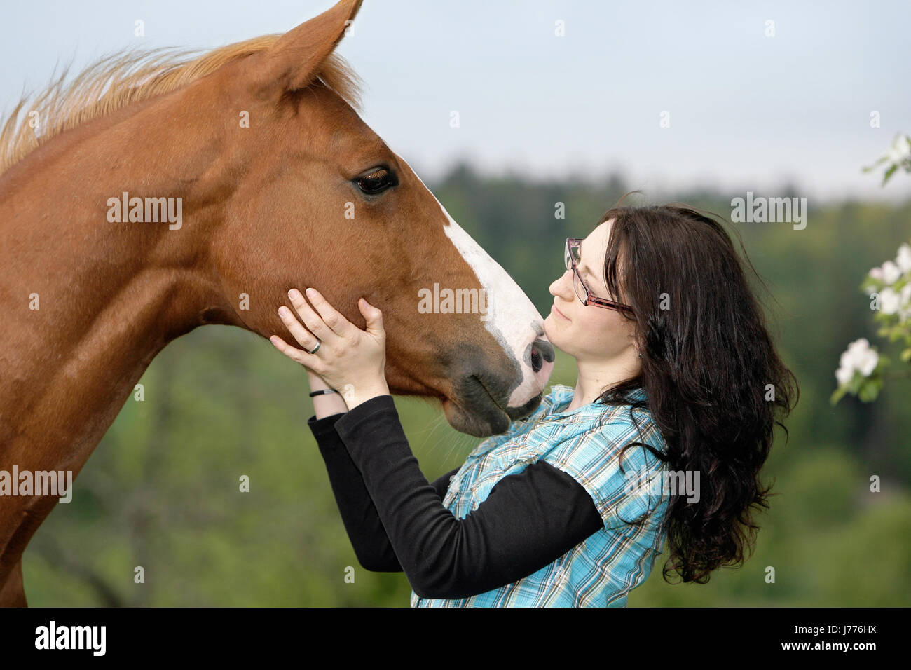 Frau kuschelt mit Pferd Stockfoto