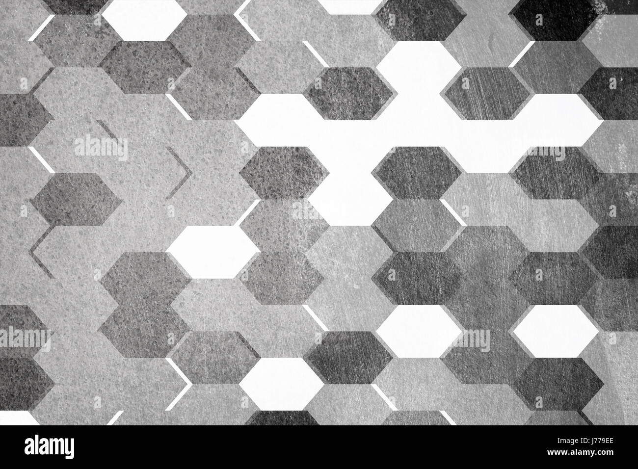 Graue und weiße geometrischen, Sechseck Muster, mit zerkratzten Metall Textur. Stockfoto