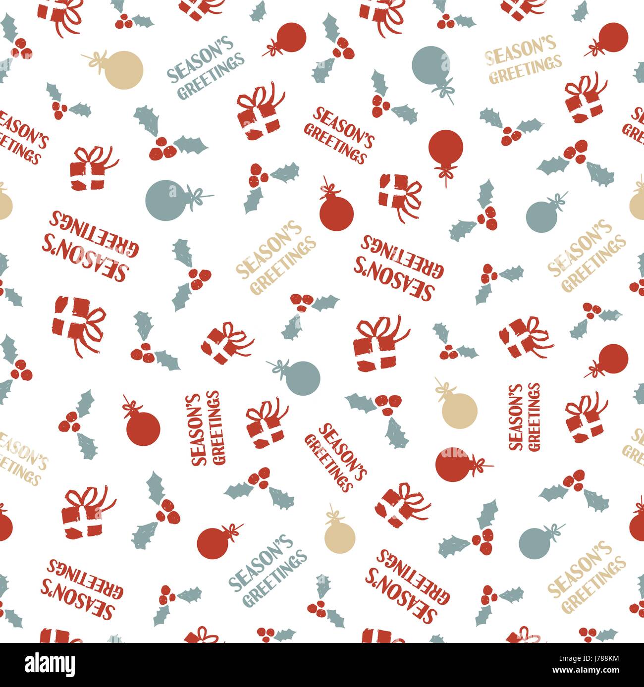 Frohes Weihnachten nahtloses Muster von Hand gezeichnet, saisonale Dekoration. Ornament-Christbaumkugel, Geschenk, Holly und Urlaub Angebot umfasst. EPS10 Vektor. Stock Vektor