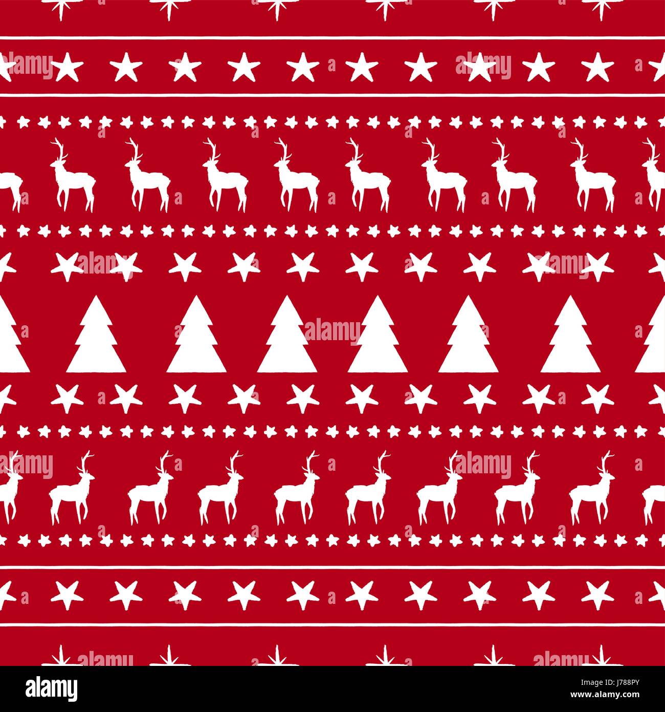 Frohes Weihnachten traditionelle nahtloses Muster von Hand gezeichnet saisonale Dekoration in roter Farbe. Rentier, Tanne und Stern enthält. EPS10 Vektor. Stock Vektor