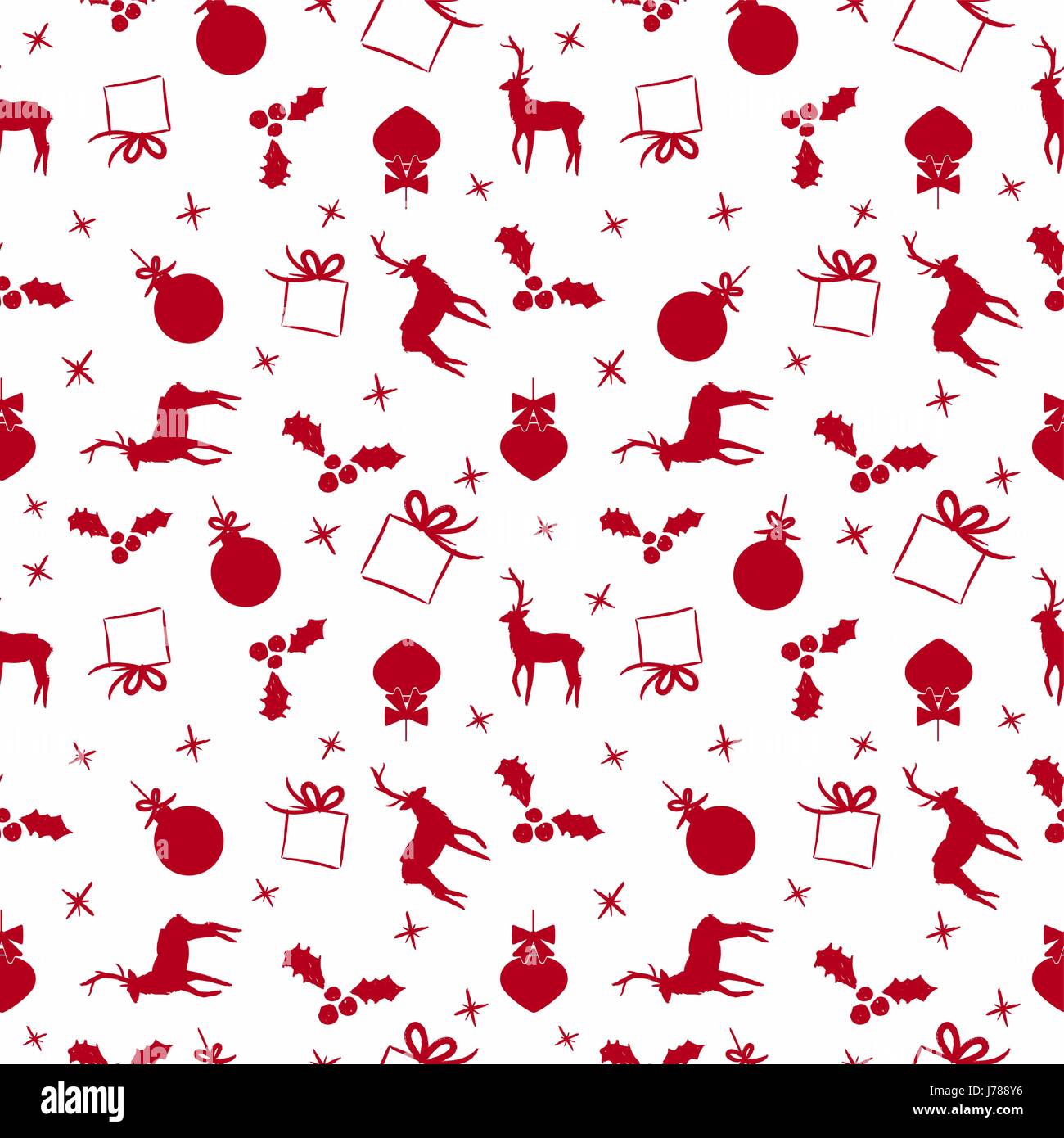 Frohes Weihnachten nahtloses Muster von Hand gezeichnet saisonale Dekoration in roter Farbe. Rentier, Geschenk, Ornament Kugel und Holly umfasst. EPS10 Vektor. Stock Vektor