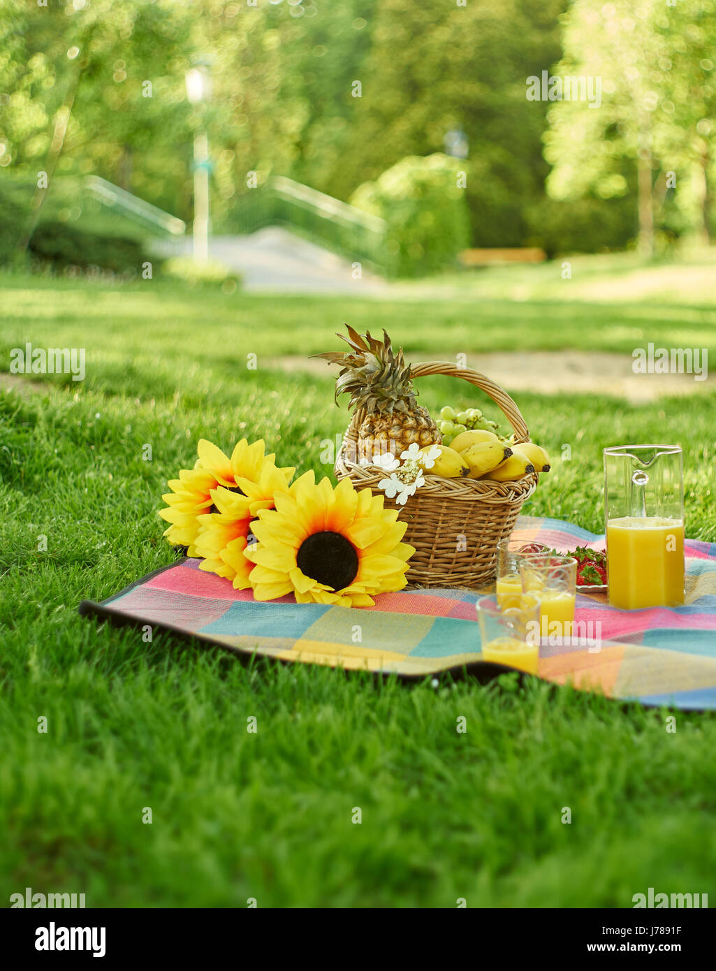 Stillleben mit Picknick im grünen Stockfoto