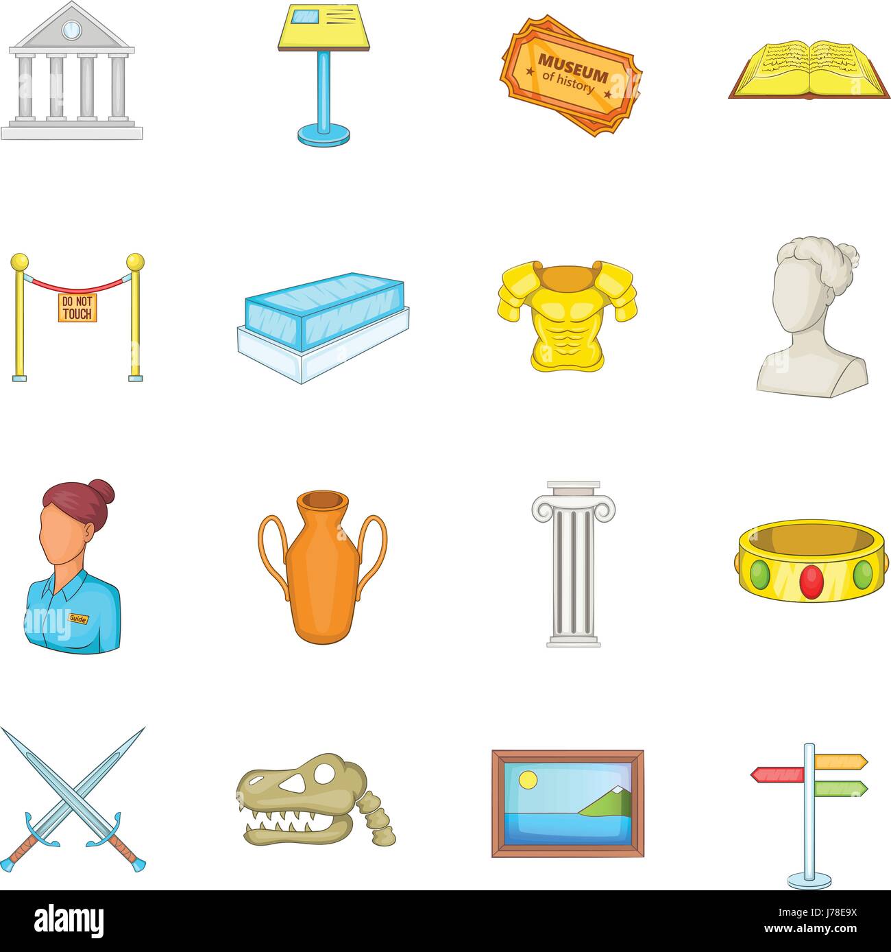 Museum-Ikonen im Cartoon-Stil festgelegt. Antik und Kultur Symbole gesetzt Sammlung Vektor-illustration Stock Vektor
