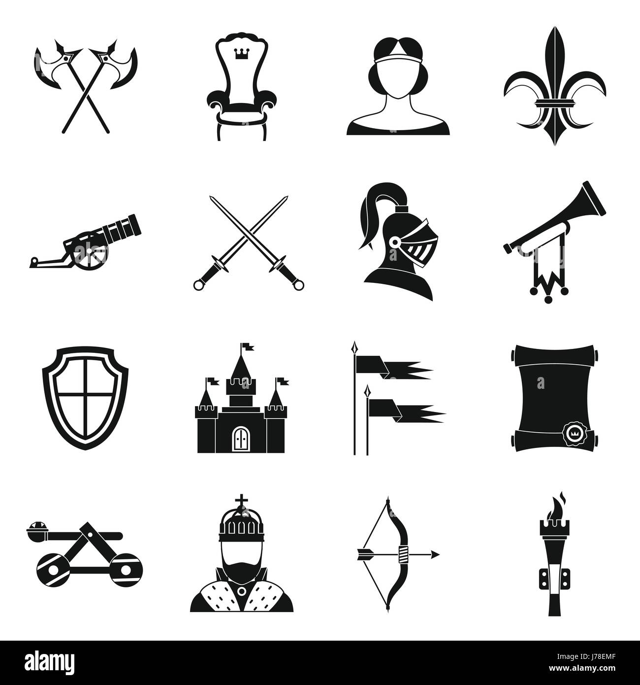 Ritter mittelalterliche Ikonen in einfachem Stil gesetzt. Mittelalter Krieger Waffen set Sammlung Vektor-illustration Stock Vektor