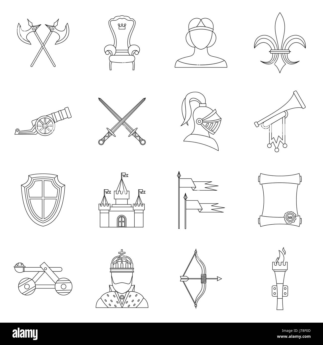 Ritter mittelalterliche Ikonen in Umriss-Stil festgelegt. Mittelalter Krieger Waffen set Sammlung Vektor-illustration Stock Vektor