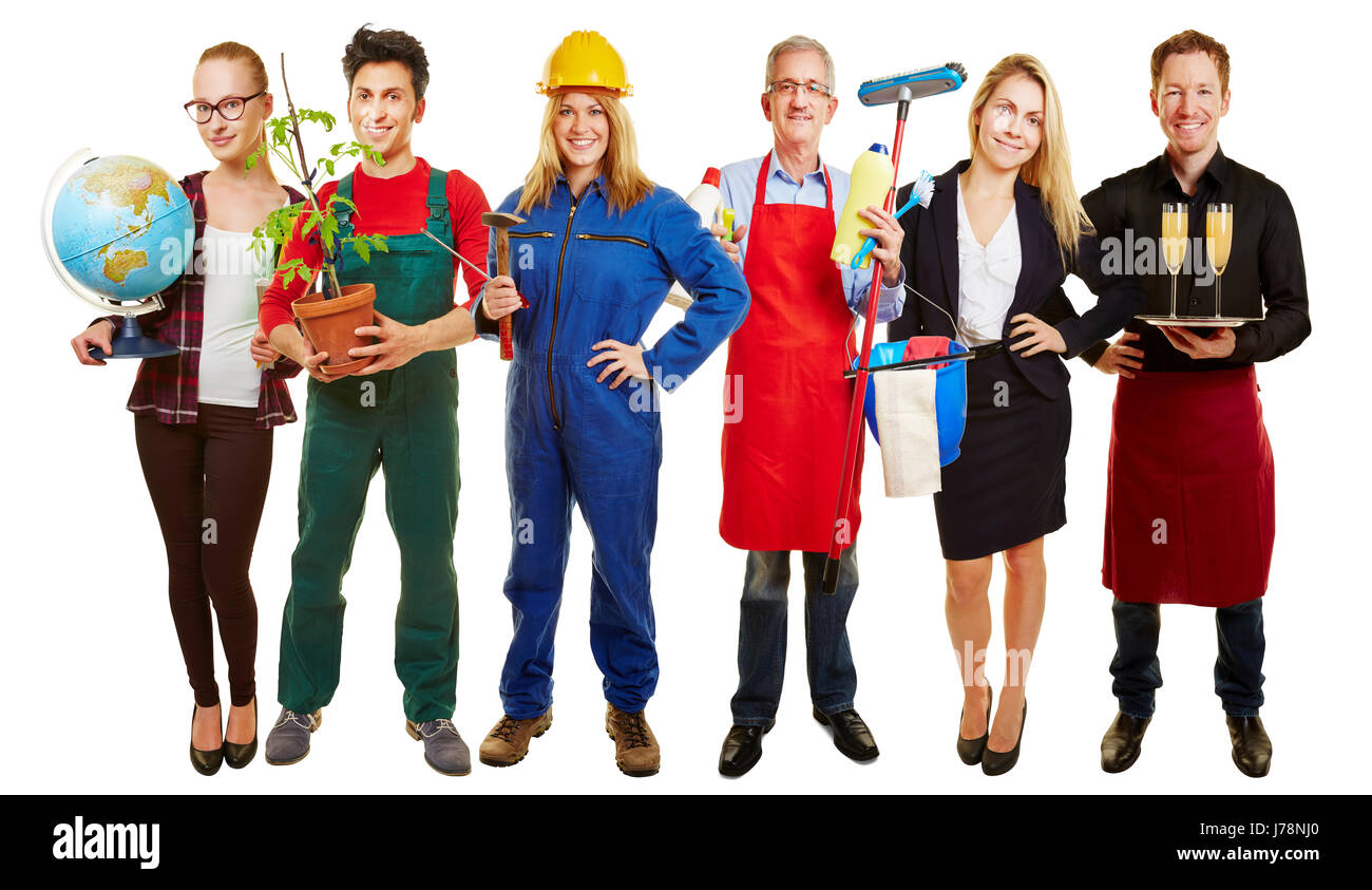 Gruppe mit verschiedenen Berufen für die Agentur für Arbeit Anzeige Stockfoto