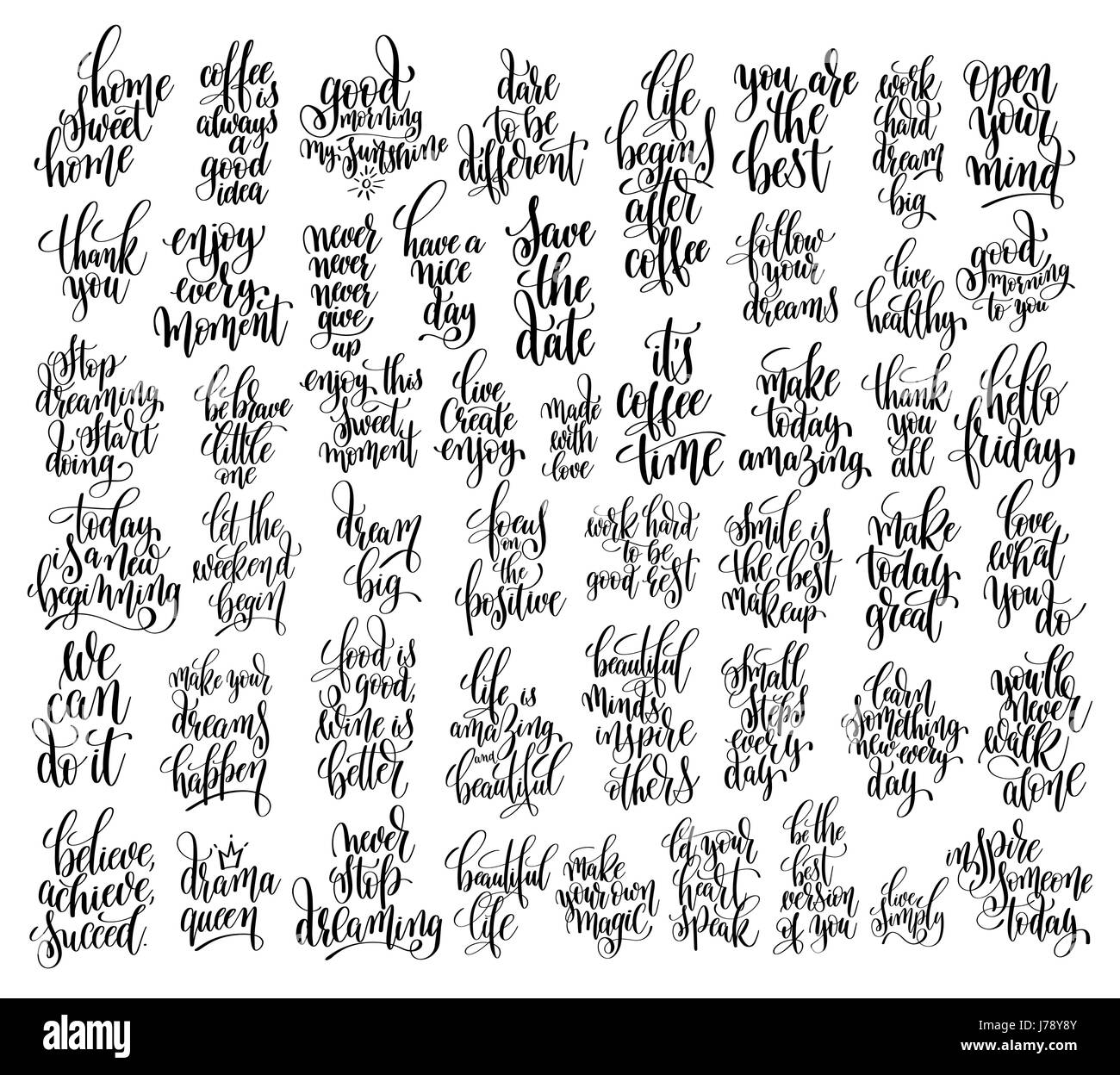 Satz von 50 handgeschriebenen Schriftzug motivierende Zitate Stock Vektor