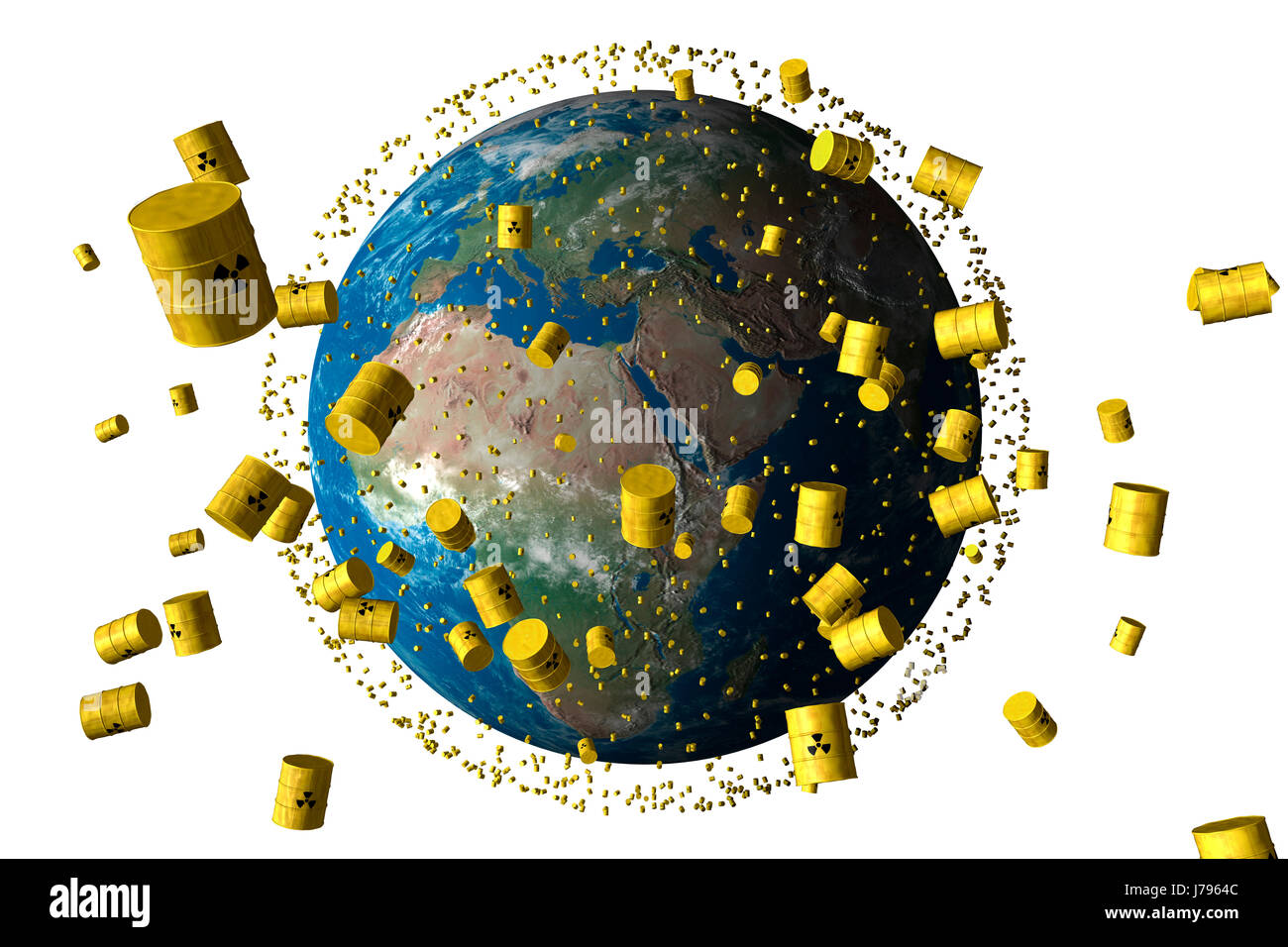 Gelbe Fässer Atommüll umkreisen die Erde Stockfoto