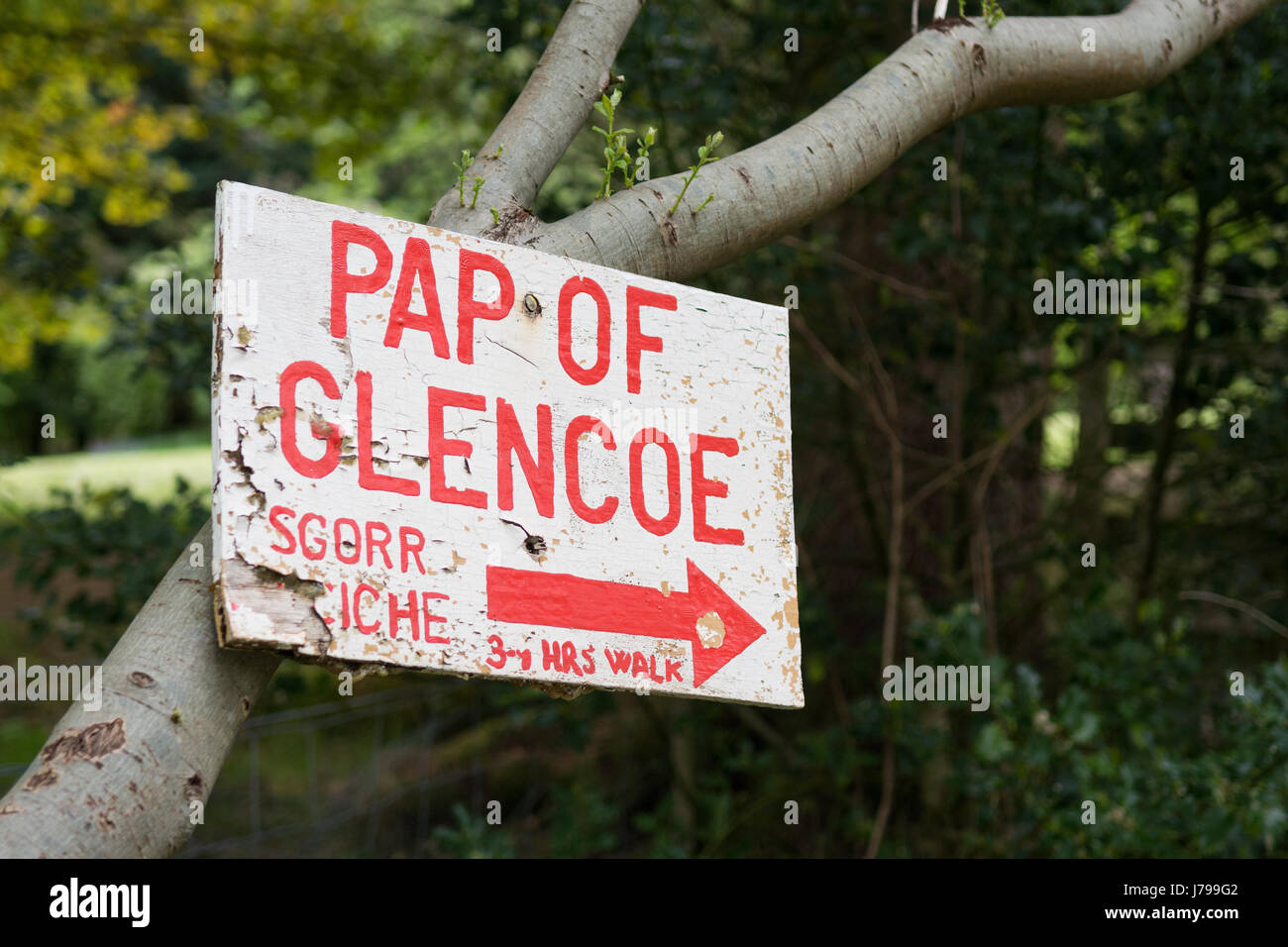 Pap von Glencoe Spaziergang Zeichen, Glencoe, Scotland, UK Stockfoto