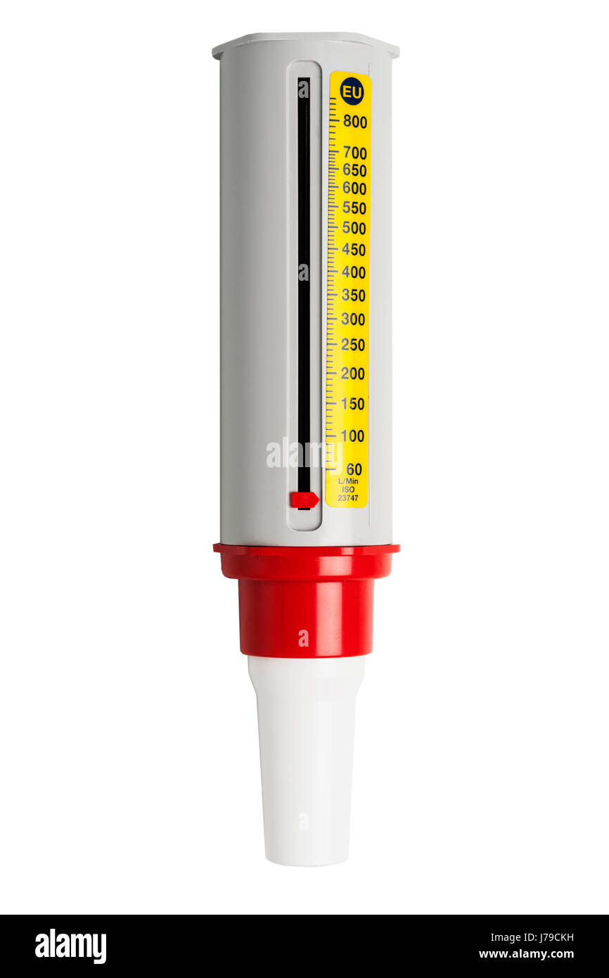 Ein Peak-Flow-Meter zur Messung der Atmung auf weißem Hintergrund Stockfoto
