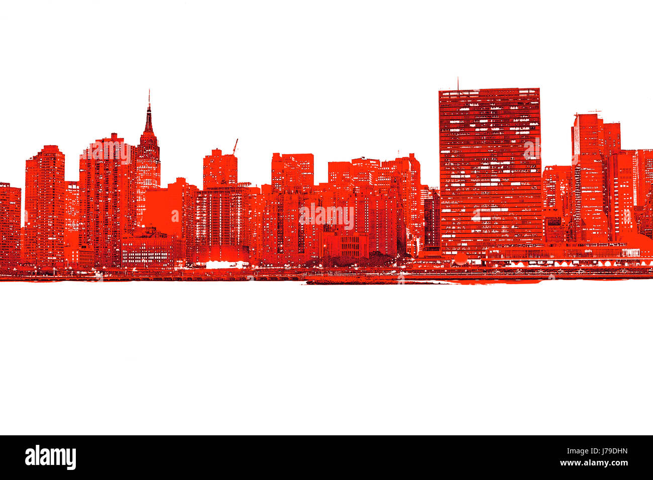 New York City Skyline am Wasser. Blick zum Empire State Building, UN-Gebäude - rot Stockfoto