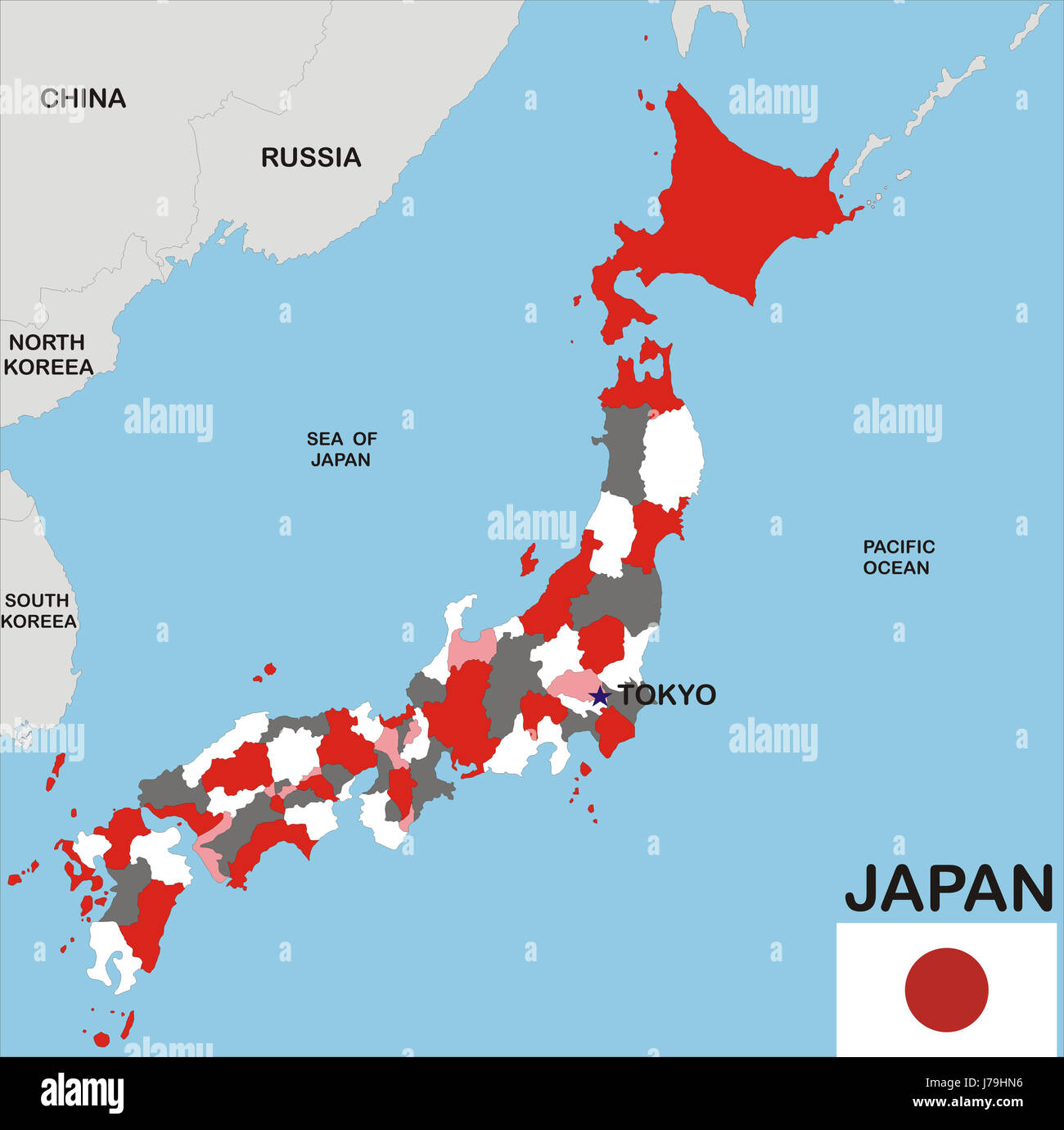 Japan Landkarte Atlas Landkarte Welt politische Abbildung Flagge japan Stockfoto