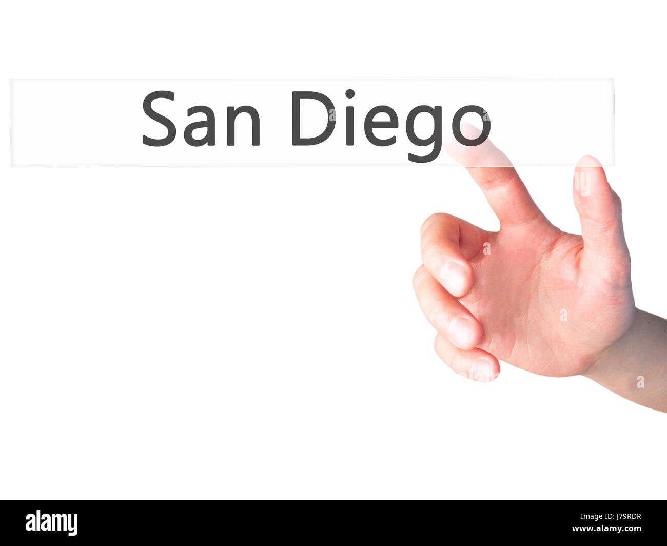 San Diego - Hand drücken einer Taste auf unscharfen Hintergrund Konzept. Wirtschaft, Technologie, Internet-Konzept. Stock Foto Stockfoto