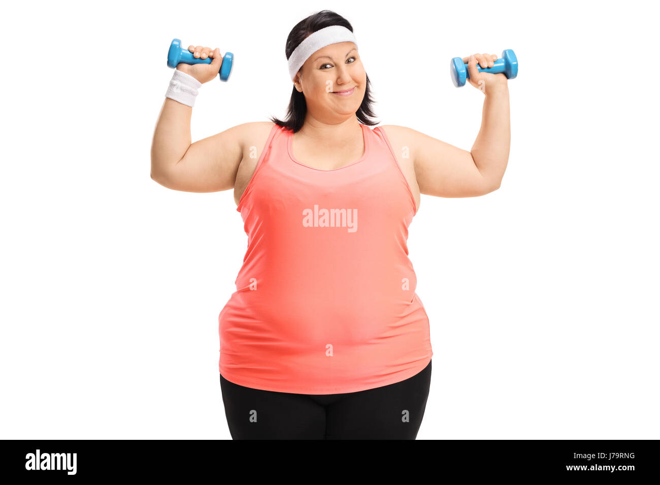 Übergewichtige Frau, die das Training mit kleinen Hanteln isoliert auf weißem Hintergrund Stockfoto