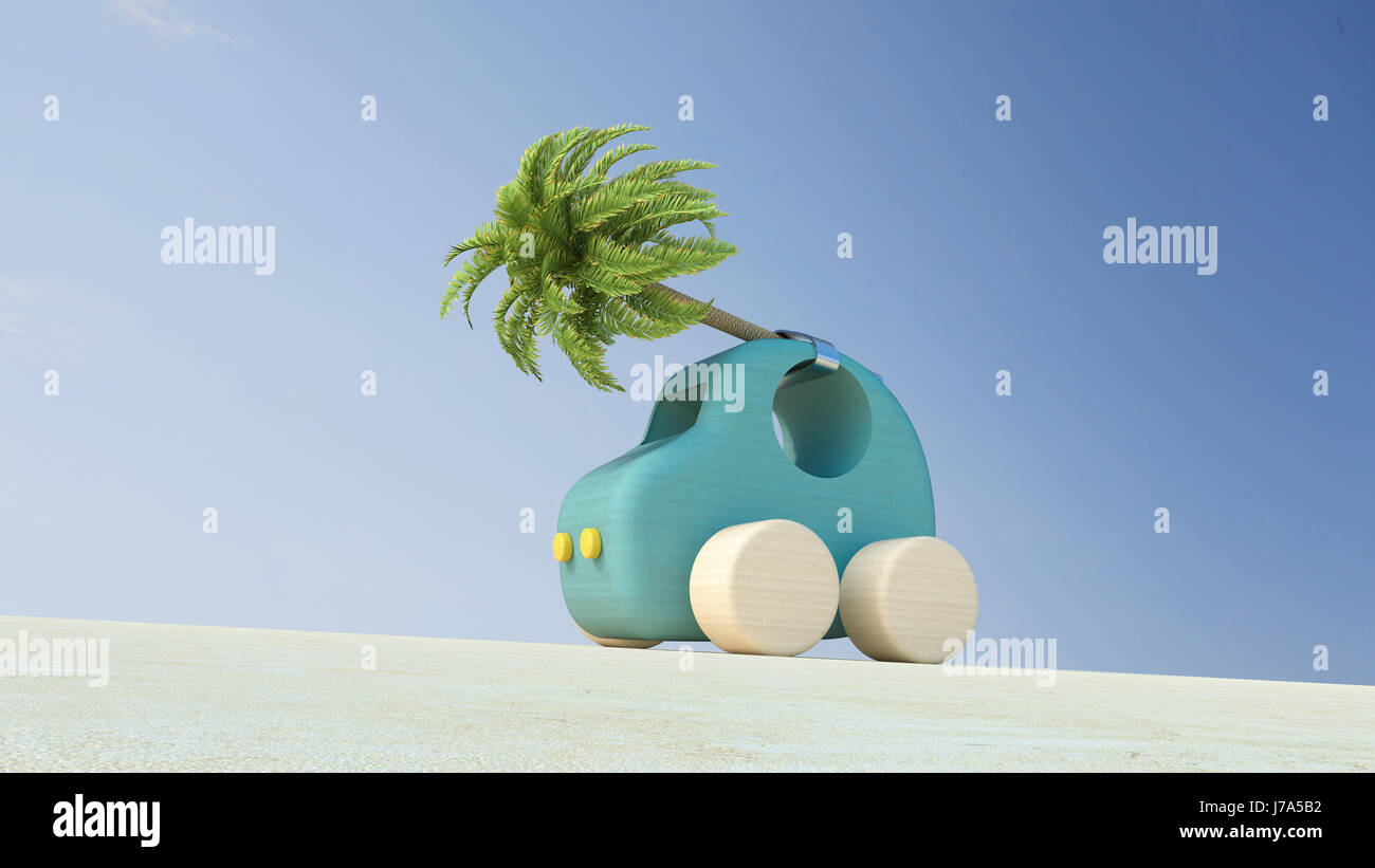 Hölzernes Spielzeugauto mit Palme auf Dach, 3D-Rendering Stockfoto