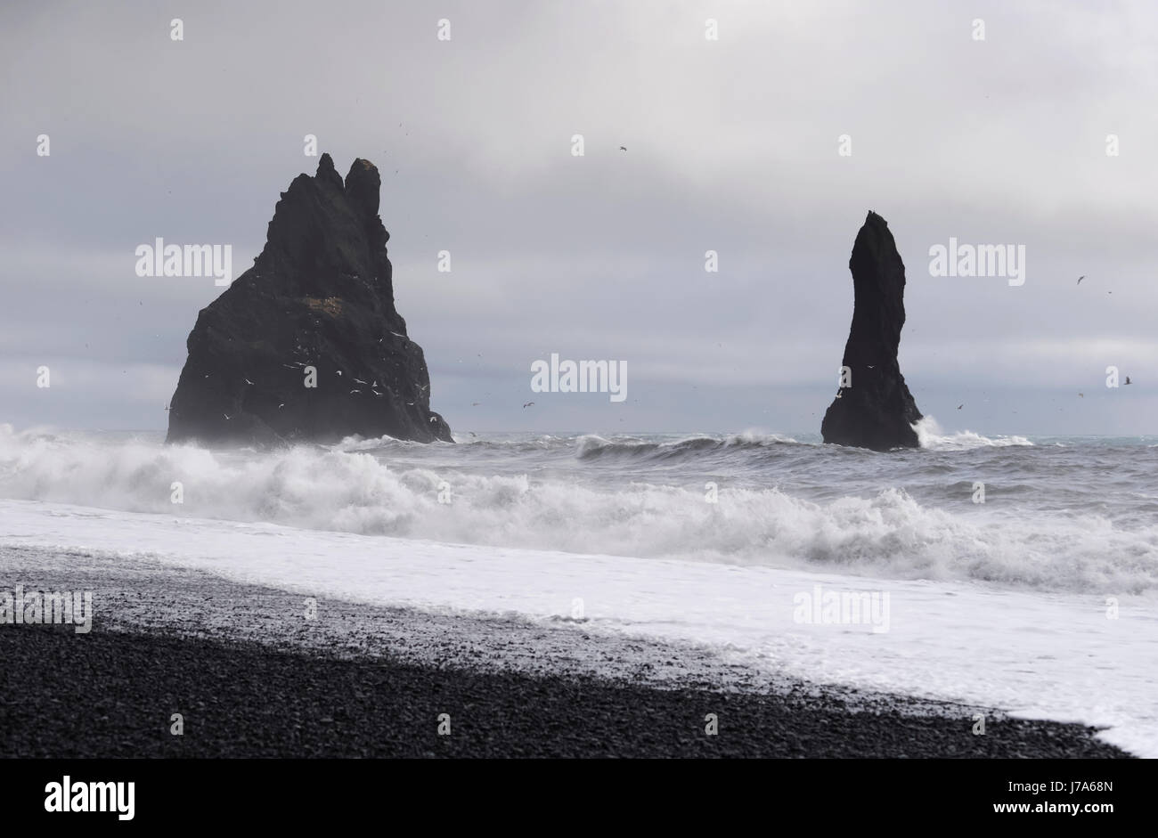 Island, Vik, stone Trolle am Reynisfjara beach Stockfoto