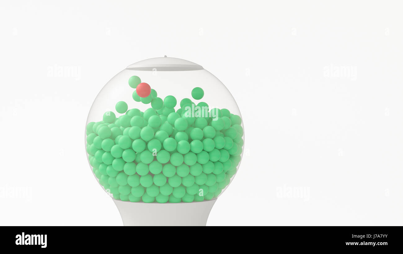 Gumball Machine mit vielen grünen Kugeln und eine rote Kugel, 3D-Rendering Stockfoto