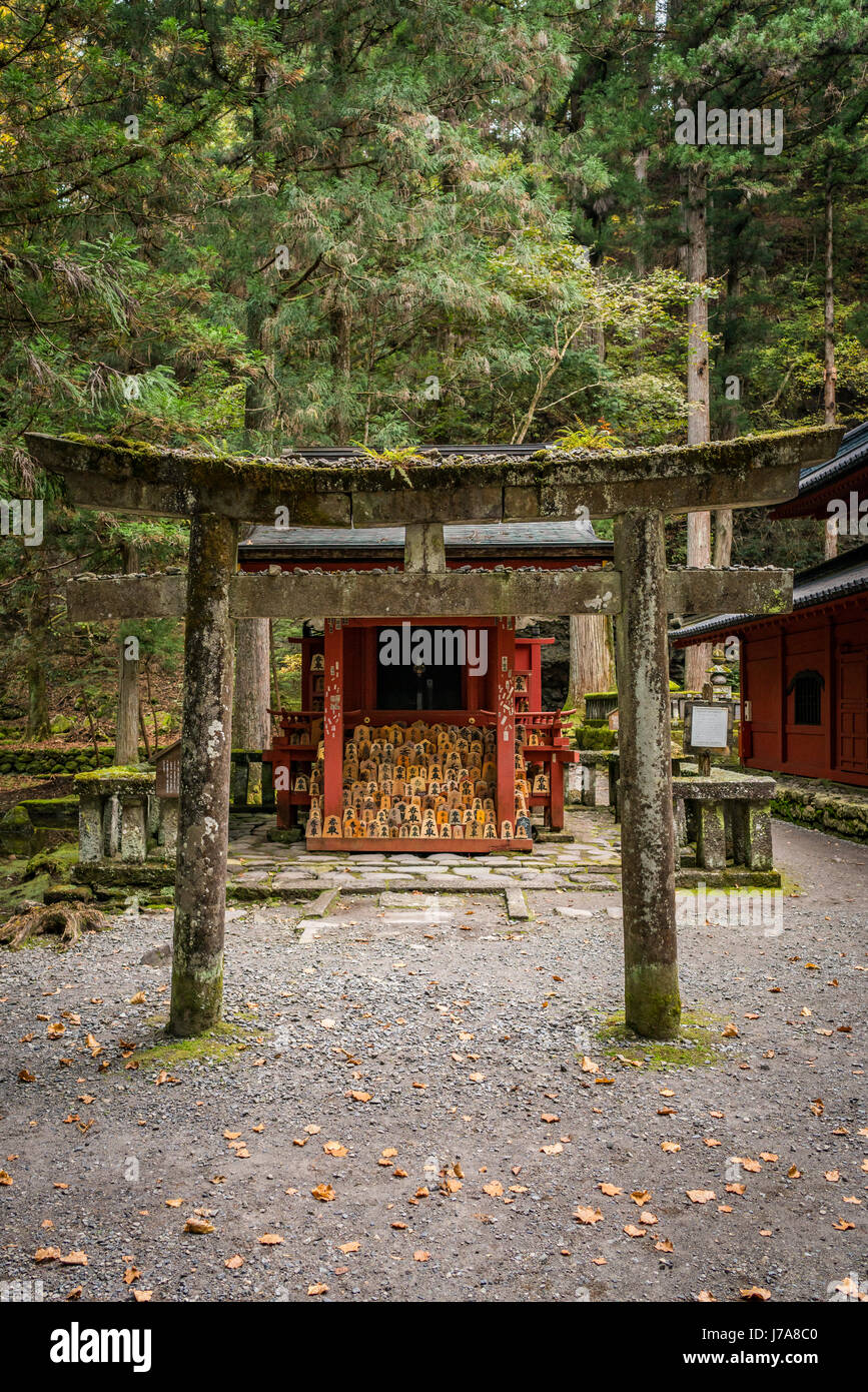 Ein Torii am Eingang einer der kleineren, periphere Tempel in Nikko gefunden. Eine angenehme Überraschung für diejenigen, die abseits der ausgetretenen Pfade Wagen. Stockfoto