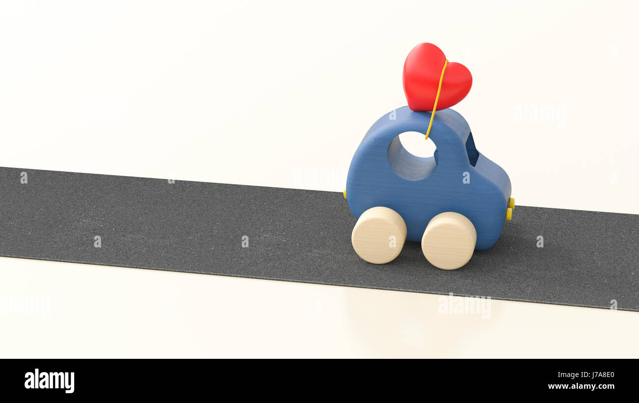 Hölzernes Spielzeugauto mit Herzen auf Dach, 3D-Rendering Stockfoto