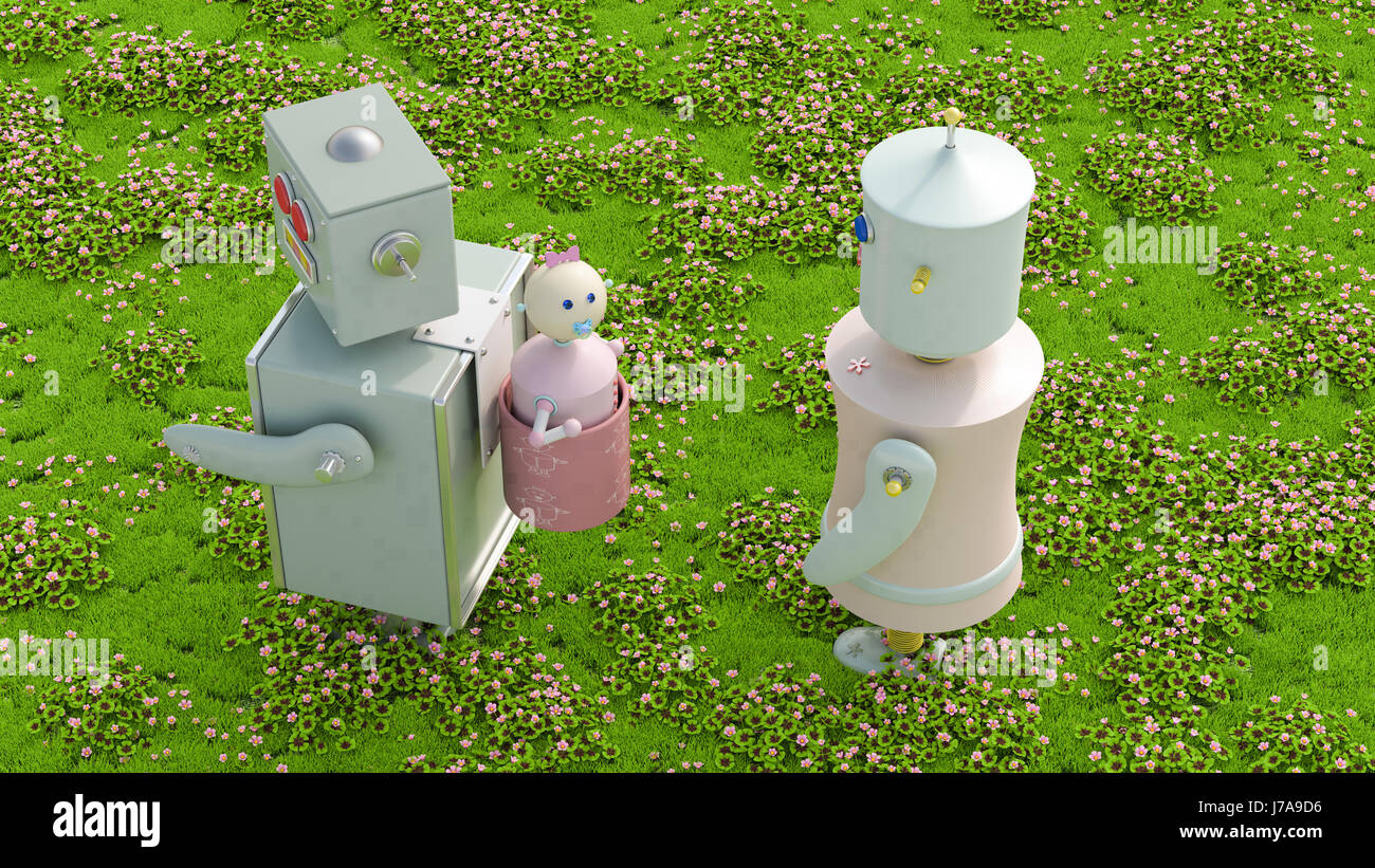 Roboterfamilie auf Wiese, 3D-Rendering Stockfoto