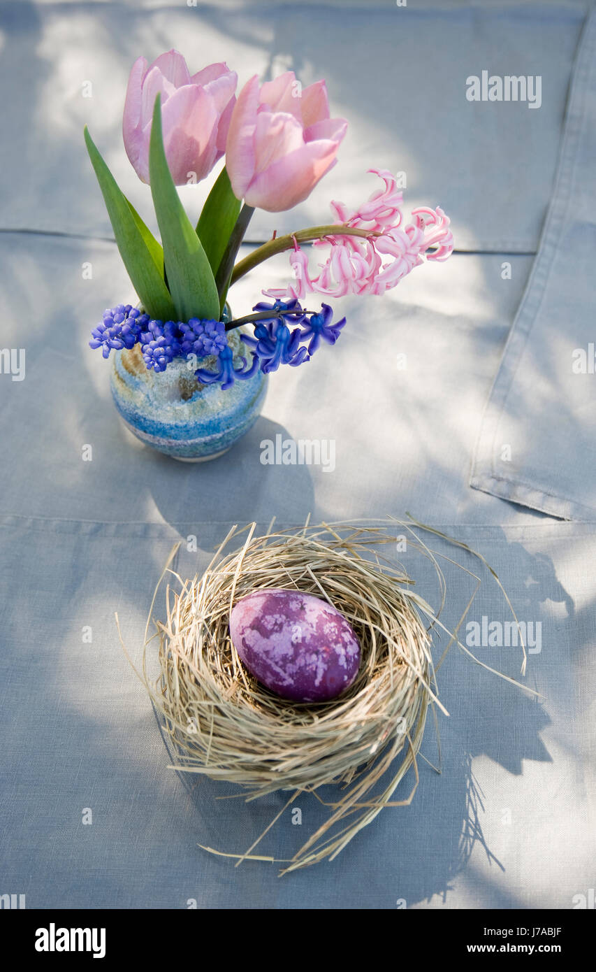 Oster-Deko mit Nest, Ei und Frühling Blumen Stockfoto