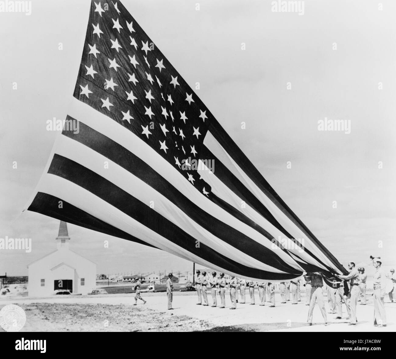 Soldaten, die sich entfaltenden Garnison in Fort Hood, Texas, ca. 1935-1945 kennzeichnet. Stockfoto