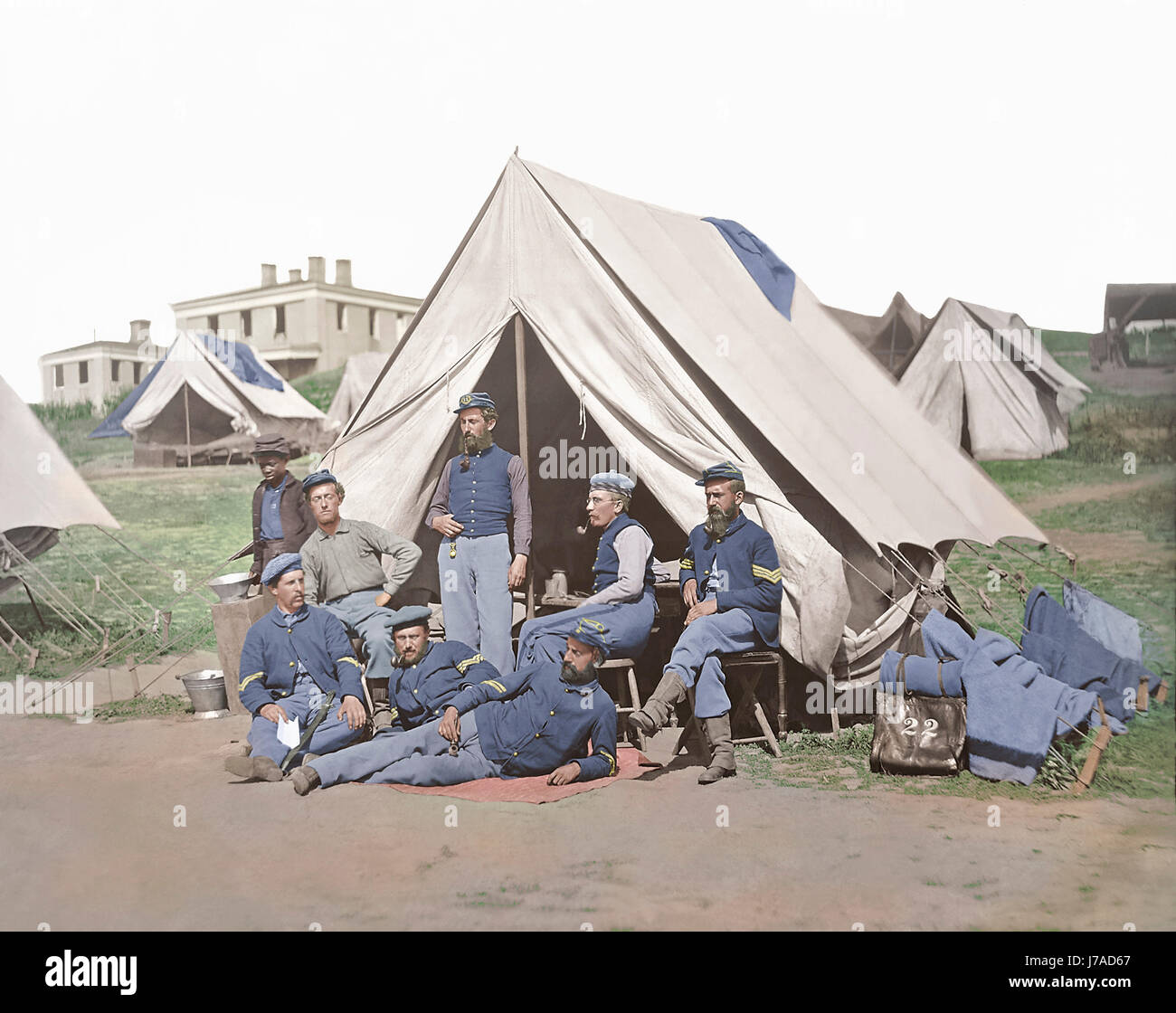 22. New York Volunteer Infantry bei ihrem Lager während des amerikanischen Bürgerkriegs. Stockfoto