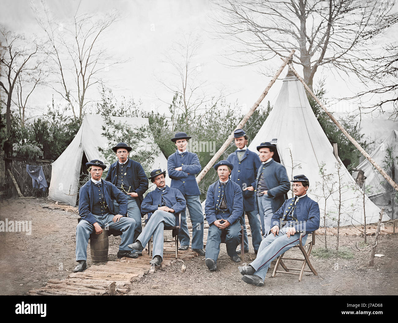 Amerikanischen Bürgerkrieges Soldaten in ihr Lager. Stockfoto