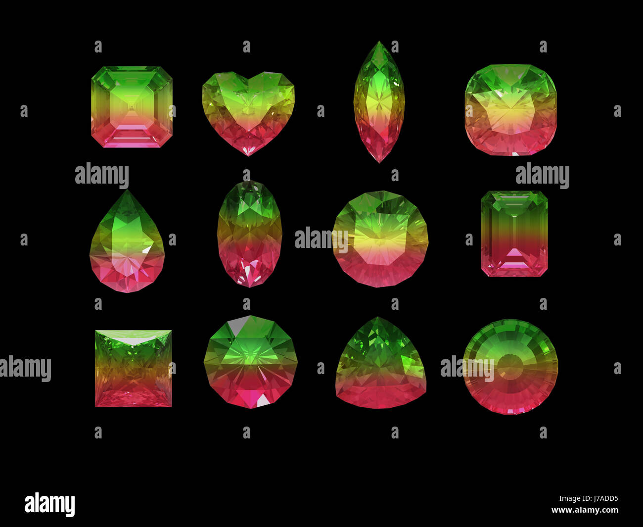 Gruppe von Bi-Color (rosa grün) Turmalin Form mit Beschneidungspfad Stockfoto