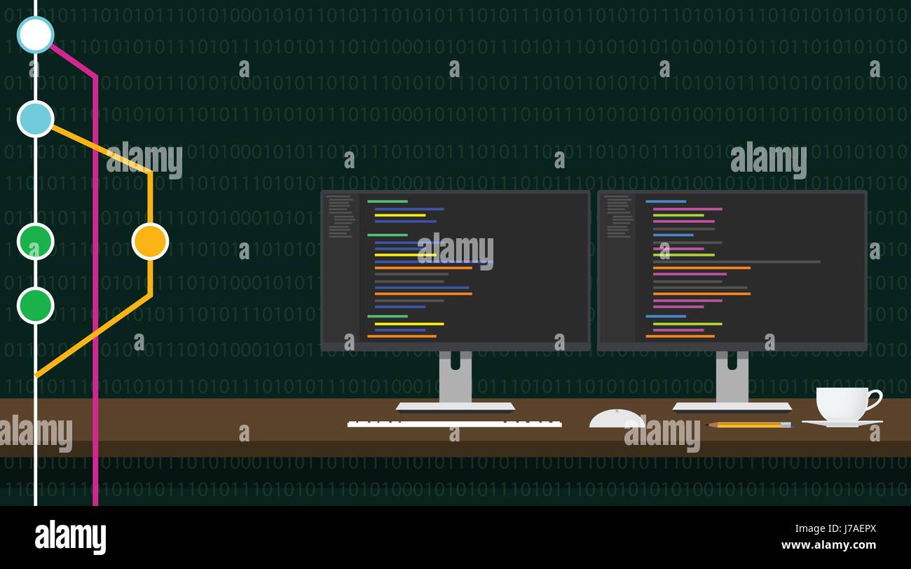 Git-Code Repository Konzept Abbildung mit 3 Monitor Code Programm vector Stock Vektor