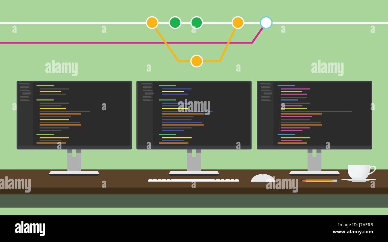 Git-Code Repository Konzept Abbildung mit 3 Monitor Code Programm vector Stock Vektor
