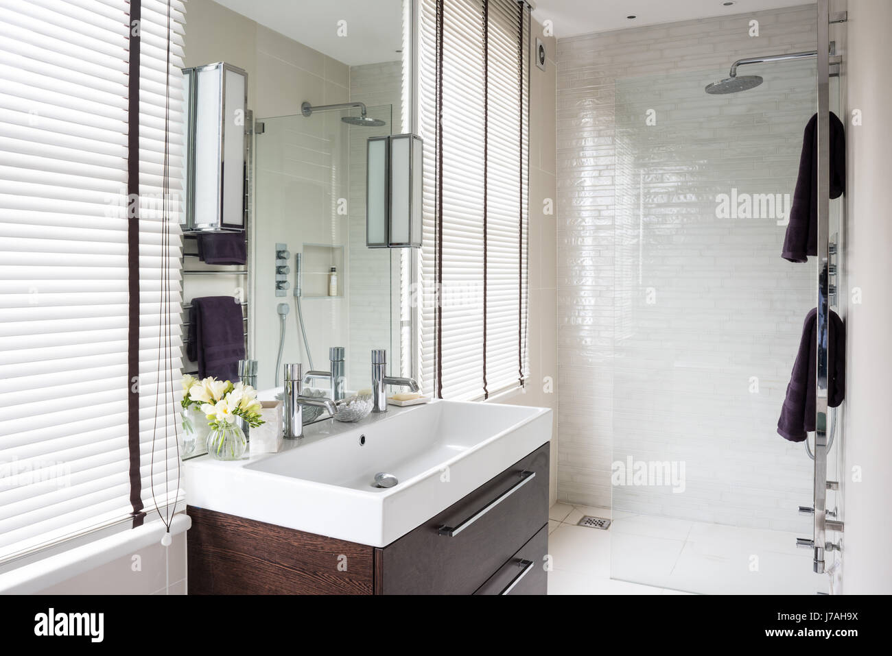 Rechteckige Becken in zwei Schubladenelement mit Walnuss beenden und Dusche Bildschirm Stockfoto