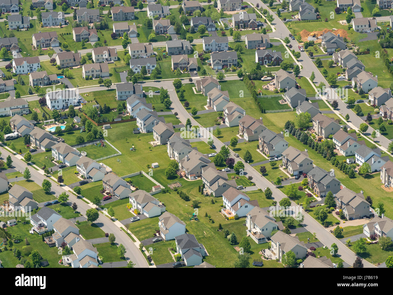 Luftaufnahme von Pennsylvania Vorort beherbergt Wohngegend Stockfoto