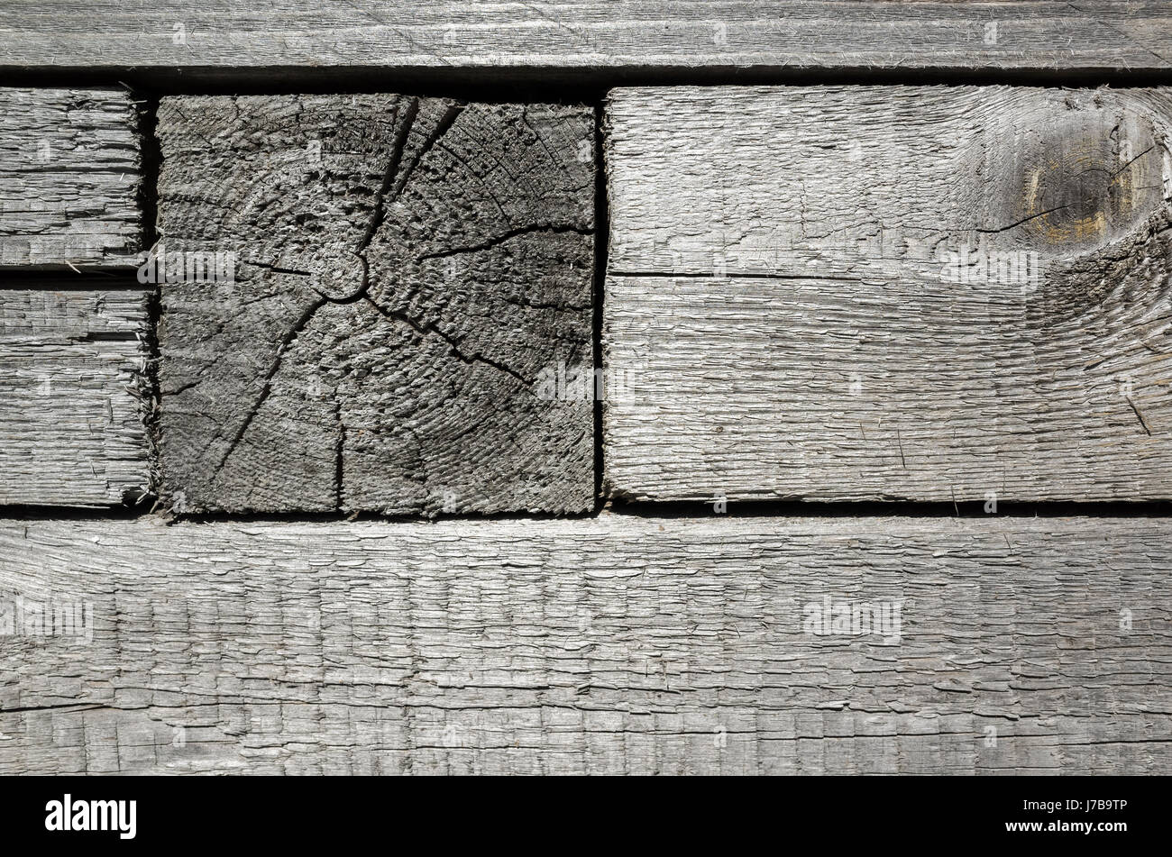Vintage verwitterte graue Holzwand Details, Foto Hintergrundtextur Stockfoto