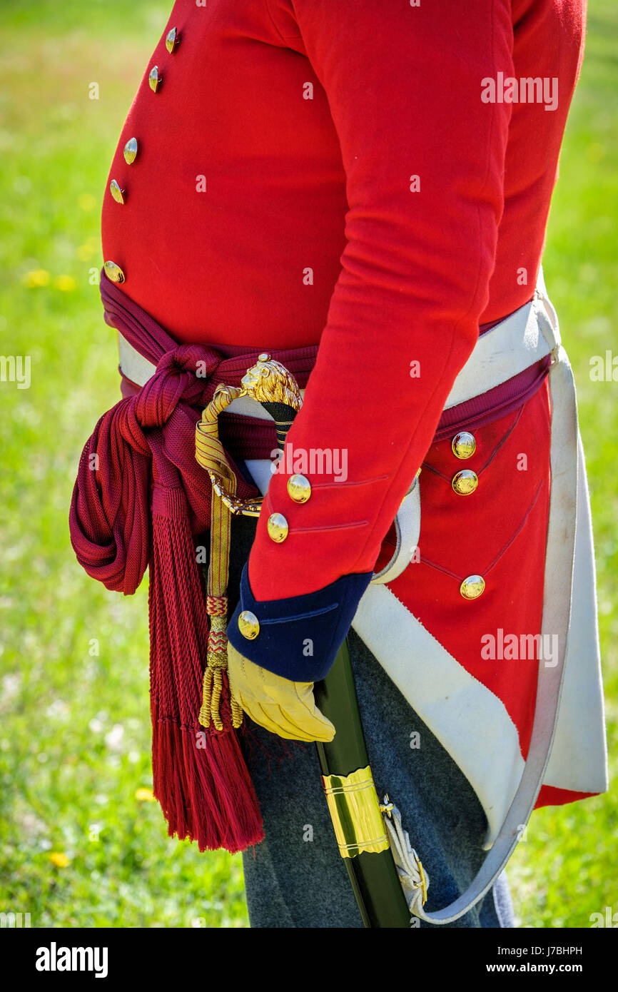 Anglo-American Krieg von 1812, Schlacht von Longwoods Reenactment, Mäntel Nahaufnahme von einem Offizier, Generalmajor, Kommandant einheitliche, britische rot Reenactor an Stockfoto