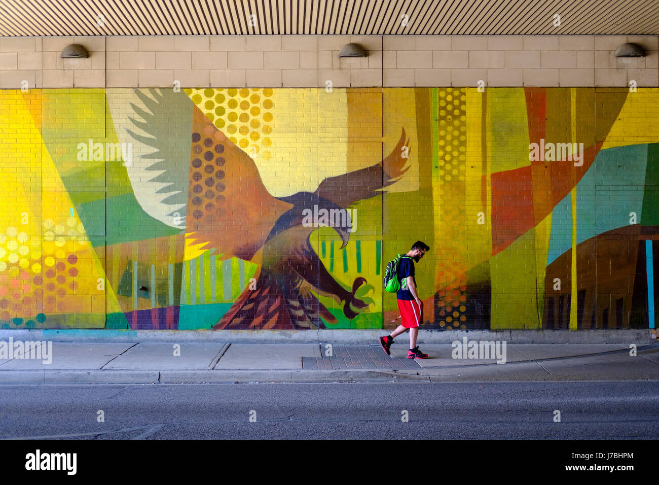 Wand-Graffiti-Kunst, Adler, schnappen Sie sich einen männlichen Fußgängerzone zu Fuß auf dem Bürgersteig, Räuber und Beute, Gefahr, Studentendarlehen, Rucksack, Stress-Konzept. Stockfoto