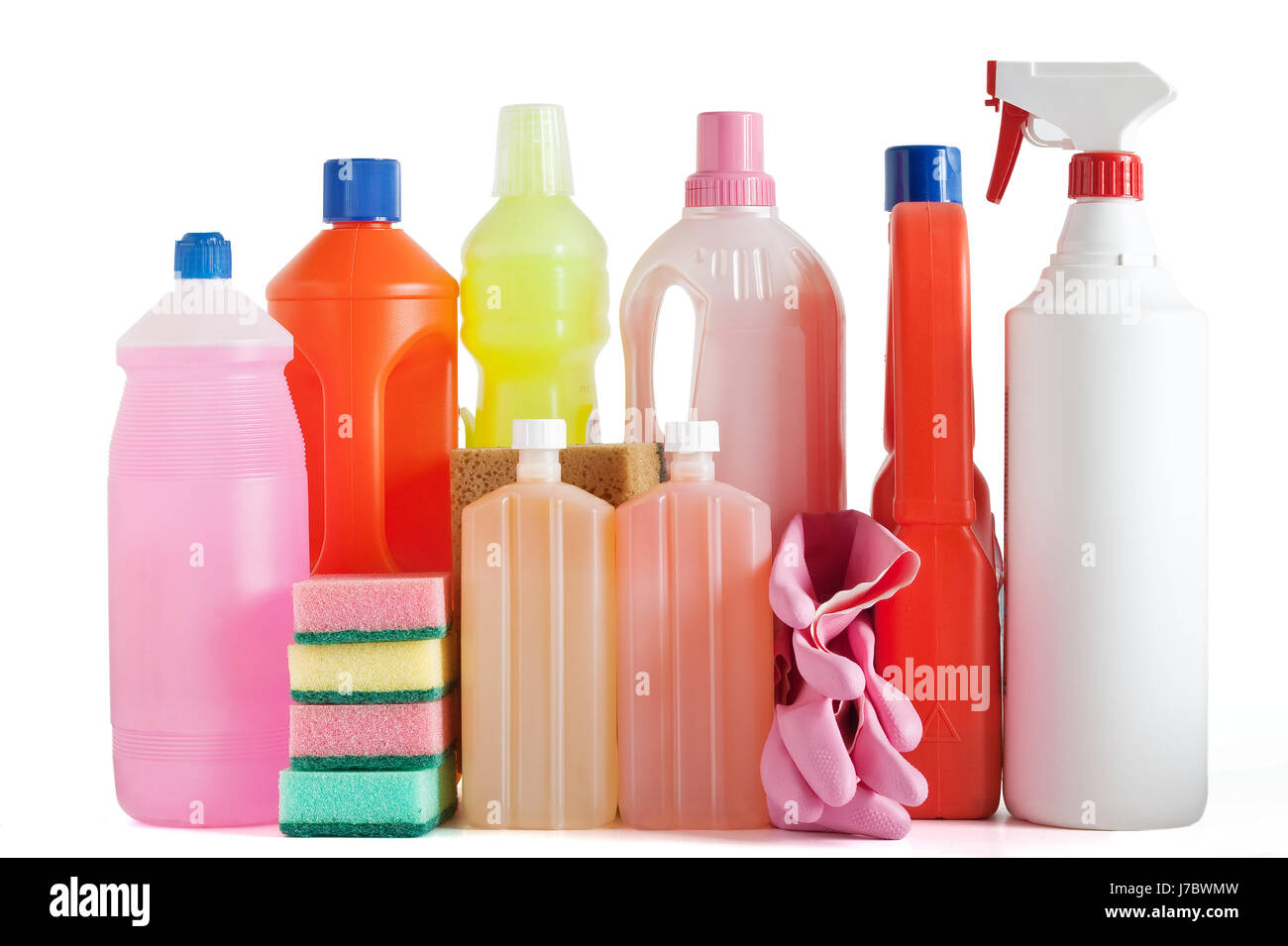 isolierte Wäsche waschen Plastikflaschen synthetischen Material Hygiene Handschuhe Schwämme Stockfoto