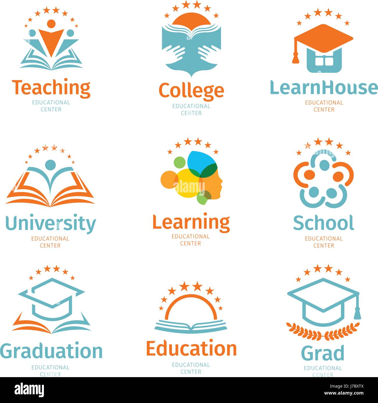 Isolierte abstrakt bunt Bildung und lernen Logo Set, Universität und Schule Bücher, Diplom Hüte und menschliche Silhouetten-Logos-Sammlung auf weißem Hintergrund-Vektor-Illustration. Lehre-Symbole Stock Vektor